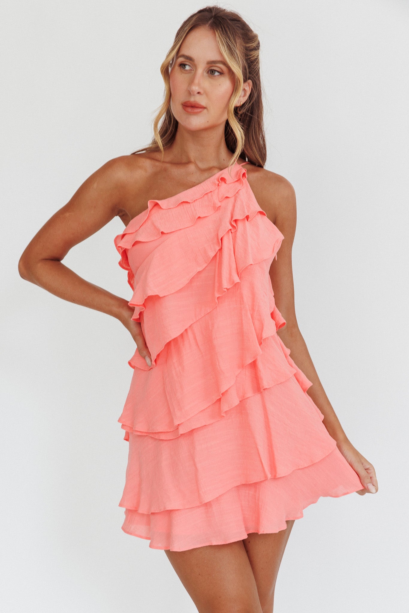 Arrabel Tiered Ruffle Mini Dress Peach-Fable Dress