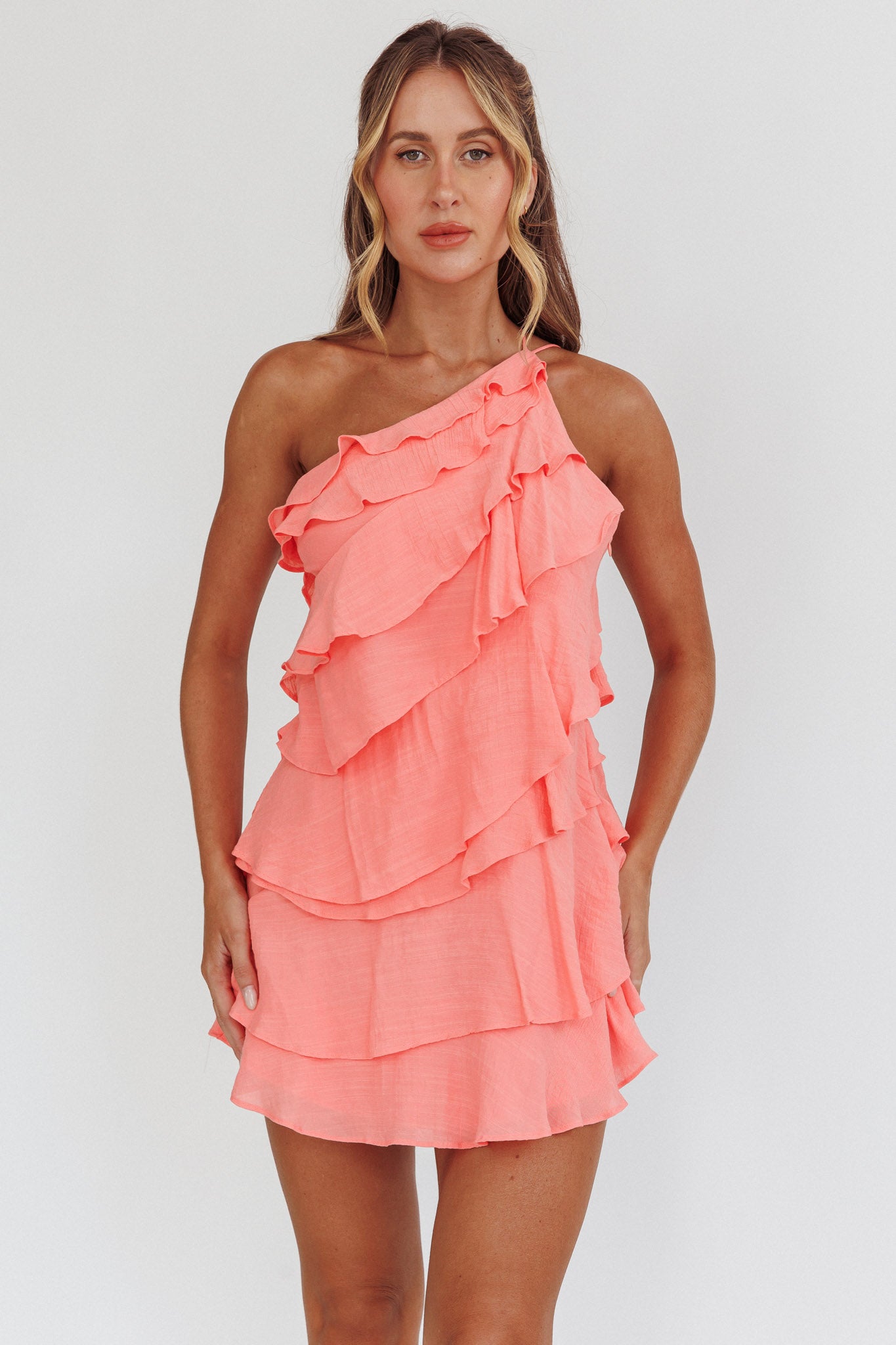 Arrabel Tiered Ruffle Mini Dress Peach-Fable Dress