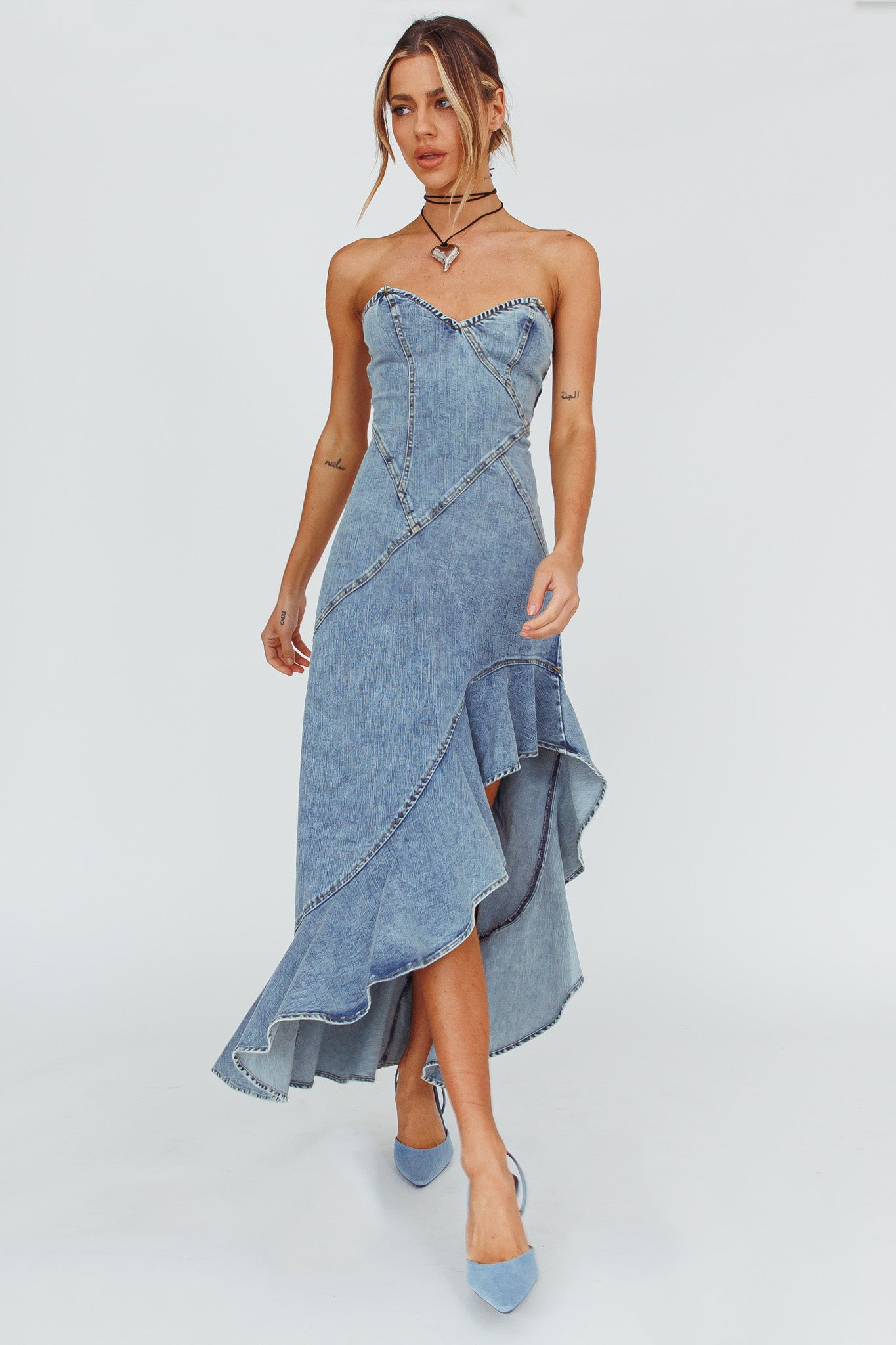 Moon Sweetheart Neckline Ruffle Midi Dress Denim-Fable Dress