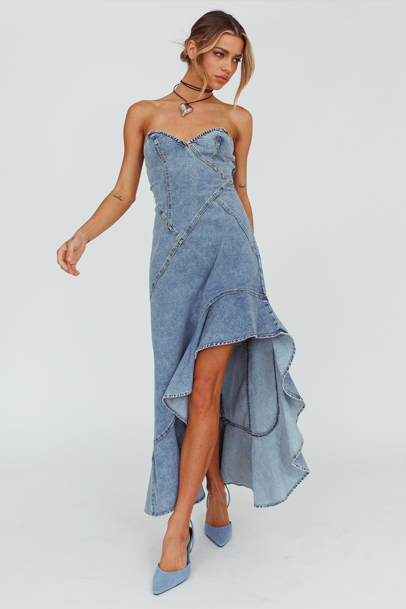 Moon Sweetheart Neckline Ruffle Midi Dress Denim-Fable Dress