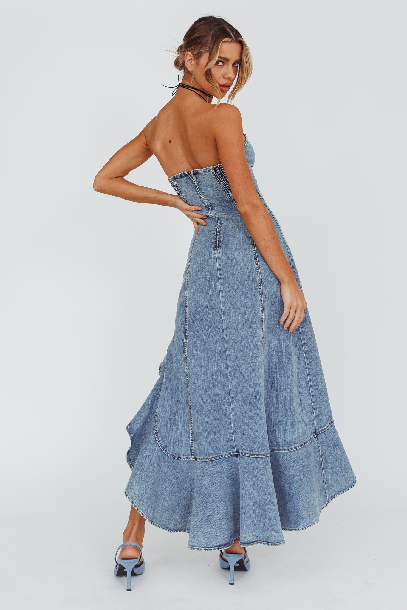 Moon Sweetheart Neckline Ruffle Midi Dress Denim-Fable Dress