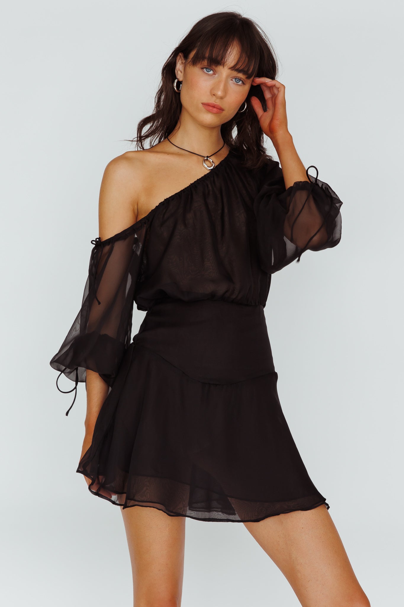 Mariona Off Shoulder Long Sleeve Mini Dress Black-Fable Dress