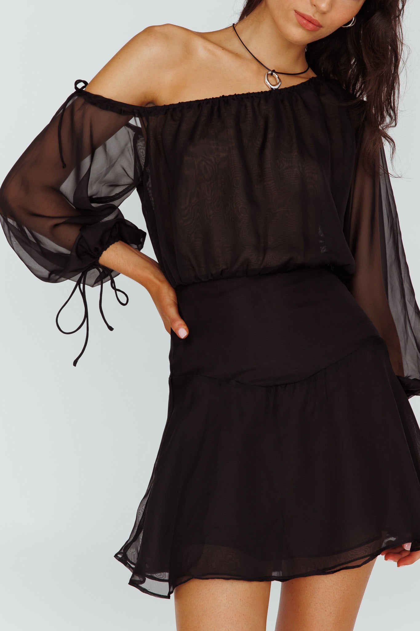 Mariona Off Shoulder Long Sleeve Mini Dress Black-Fable Dress