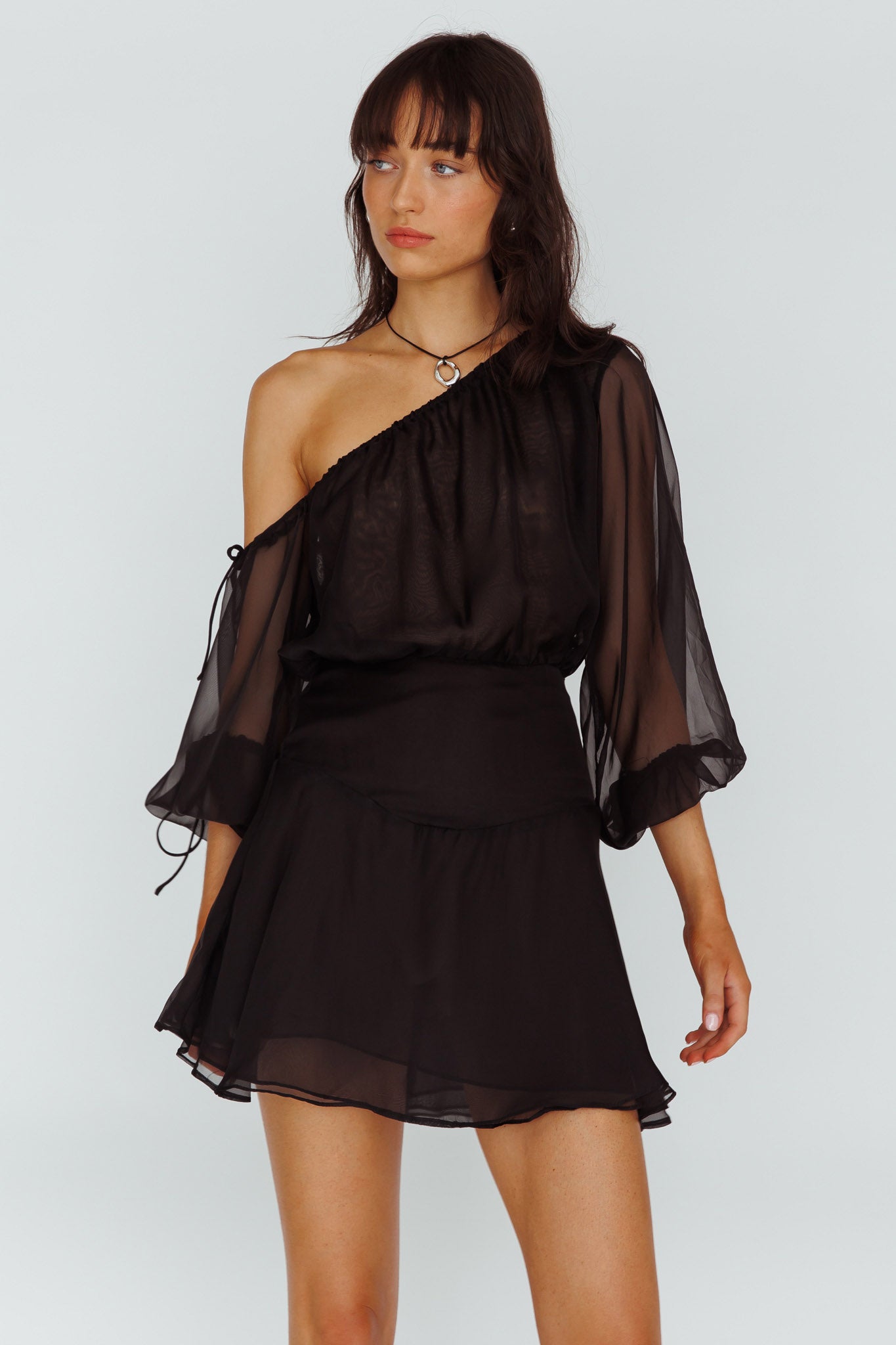 Mariona Off Shoulder Long Sleeve Mini Dress Black-Fable Dress