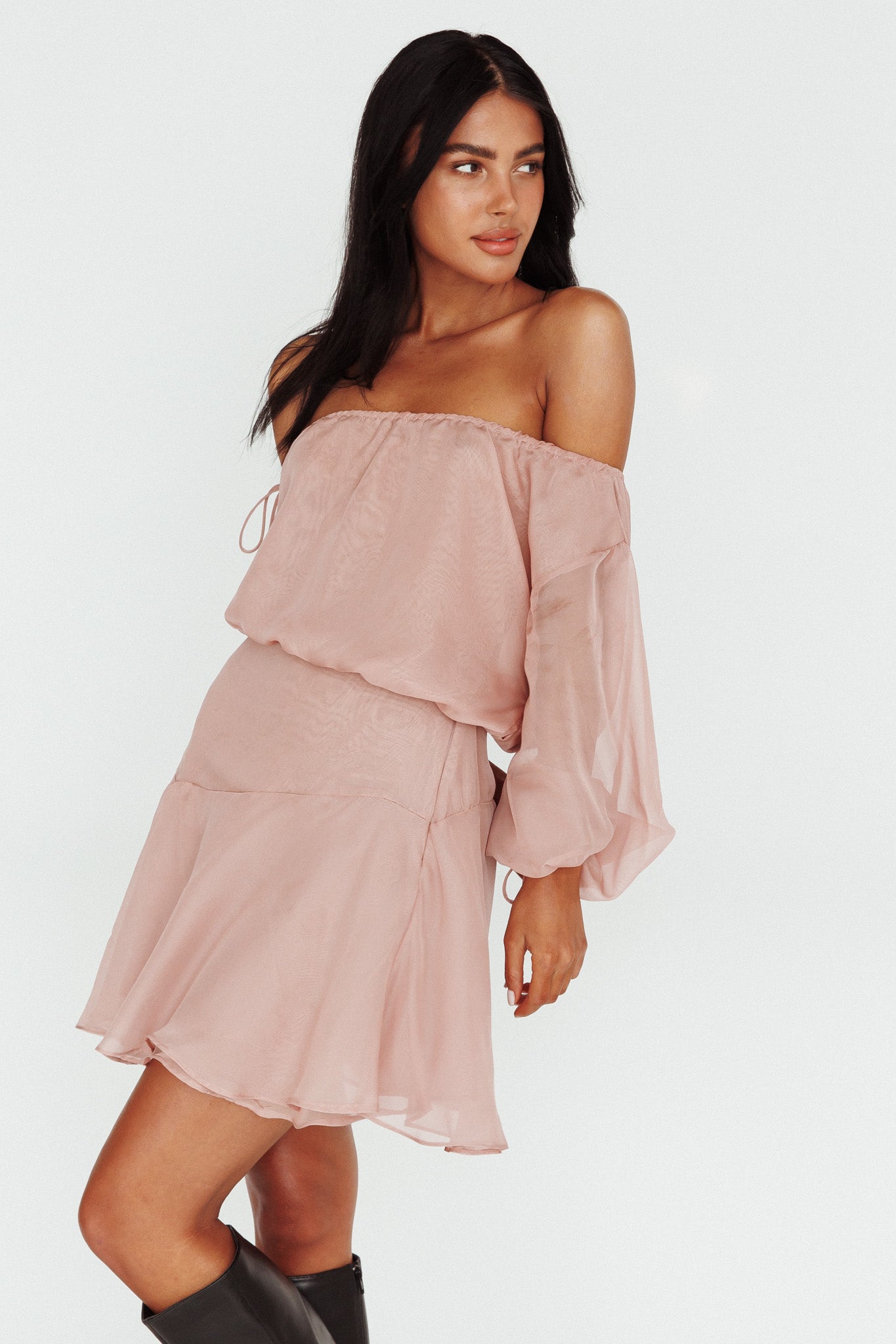 Mariona Off Shoulder Long Sleeve Mini Dress Blush-Fable Dress
