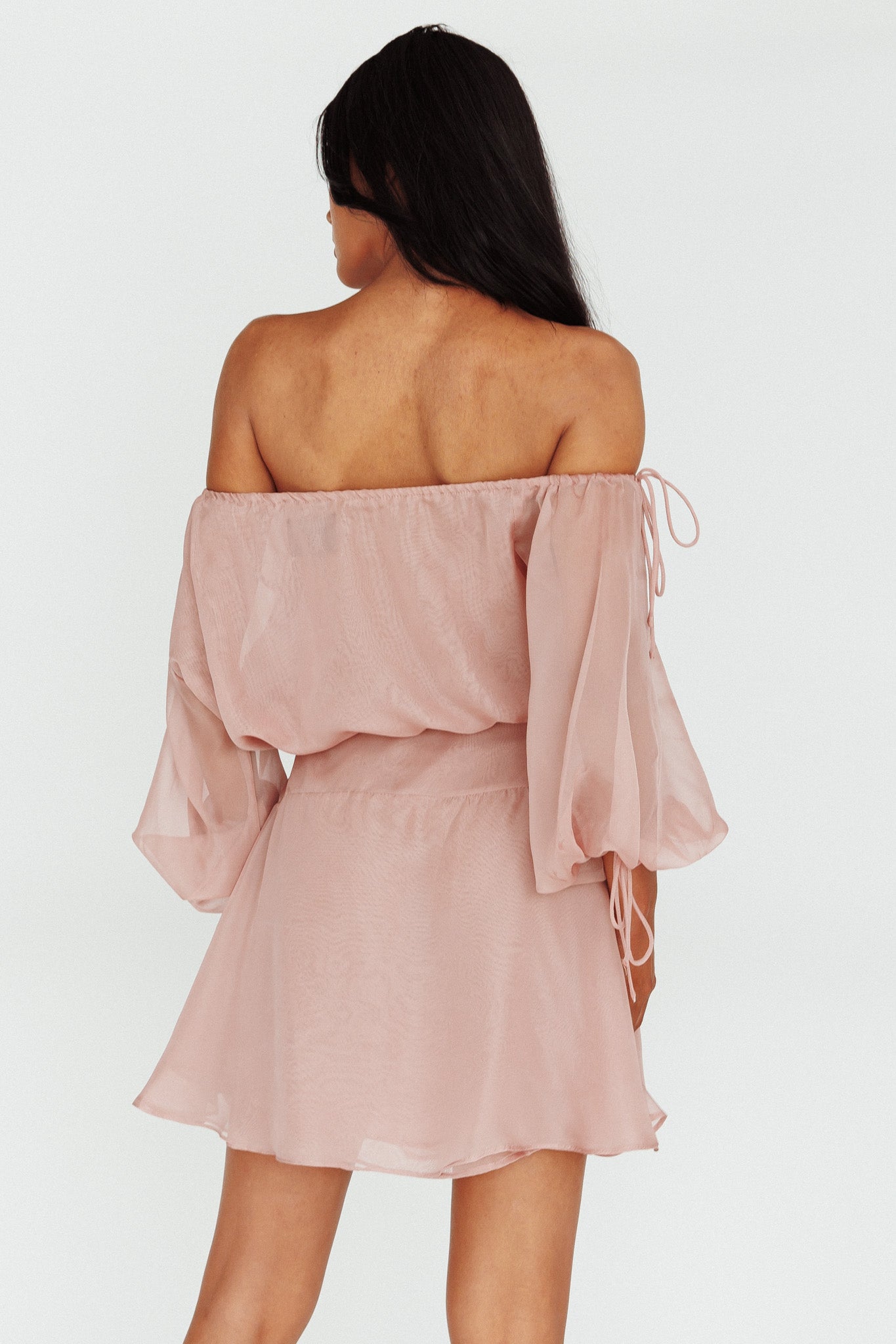 Mariona Off Shoulder Long Sleeve Mini Dress Blush-Fable Dress