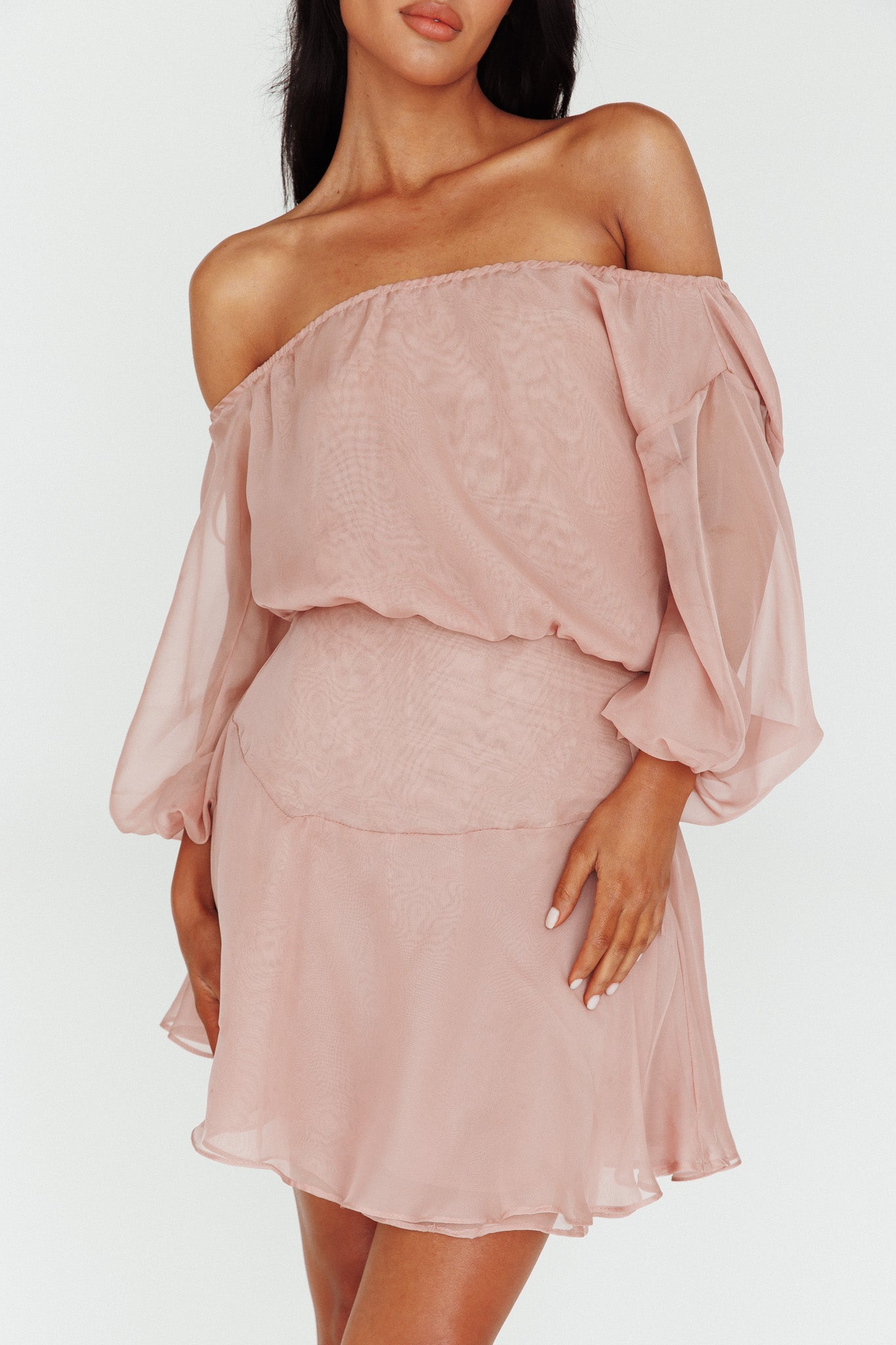 Mariona Off Shoulder Long Sleeve Mini Dress Blush-Fable Dress
