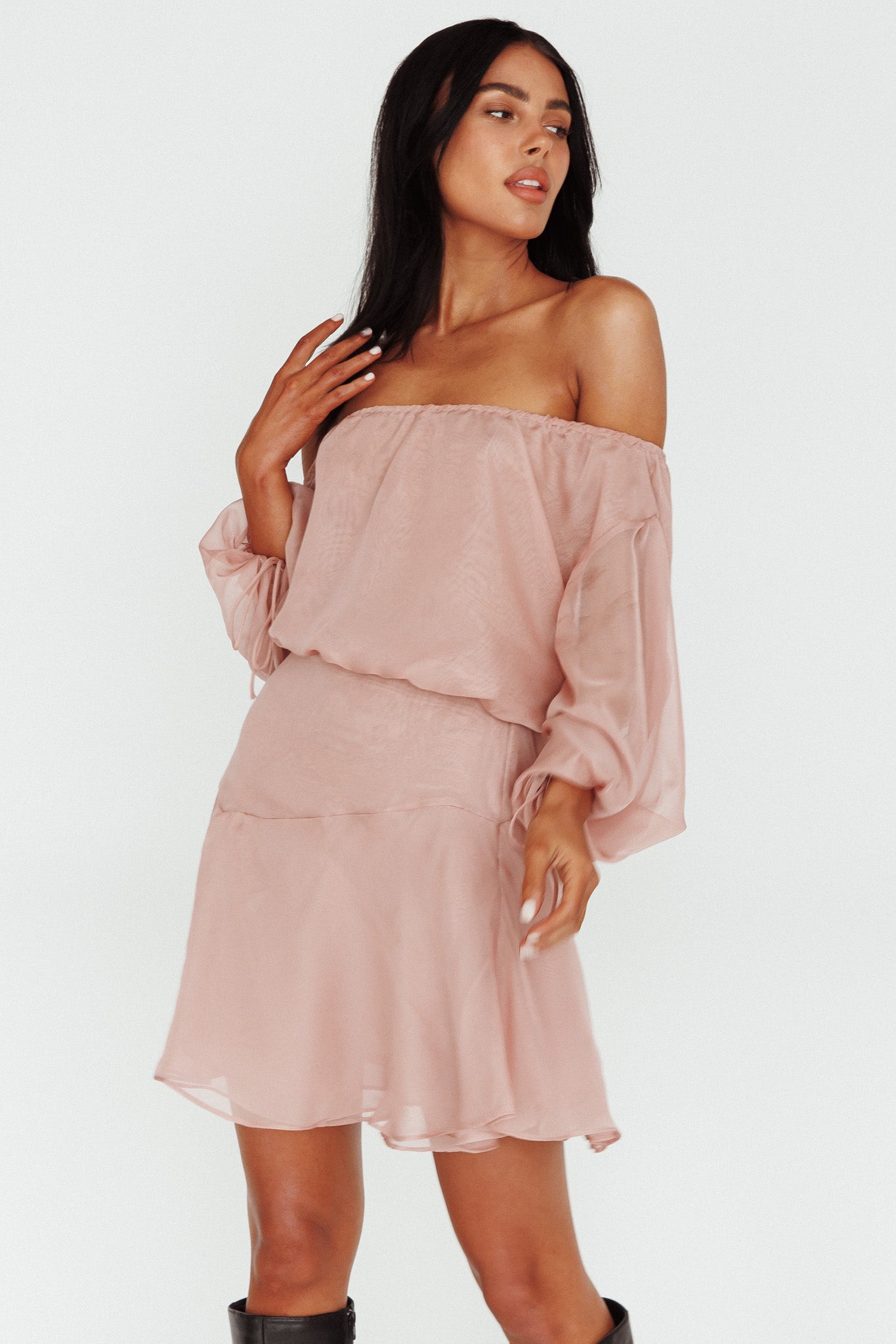 Mariona Off Shoulder Long Sleeve Mini Dress Blush-Fable Dress