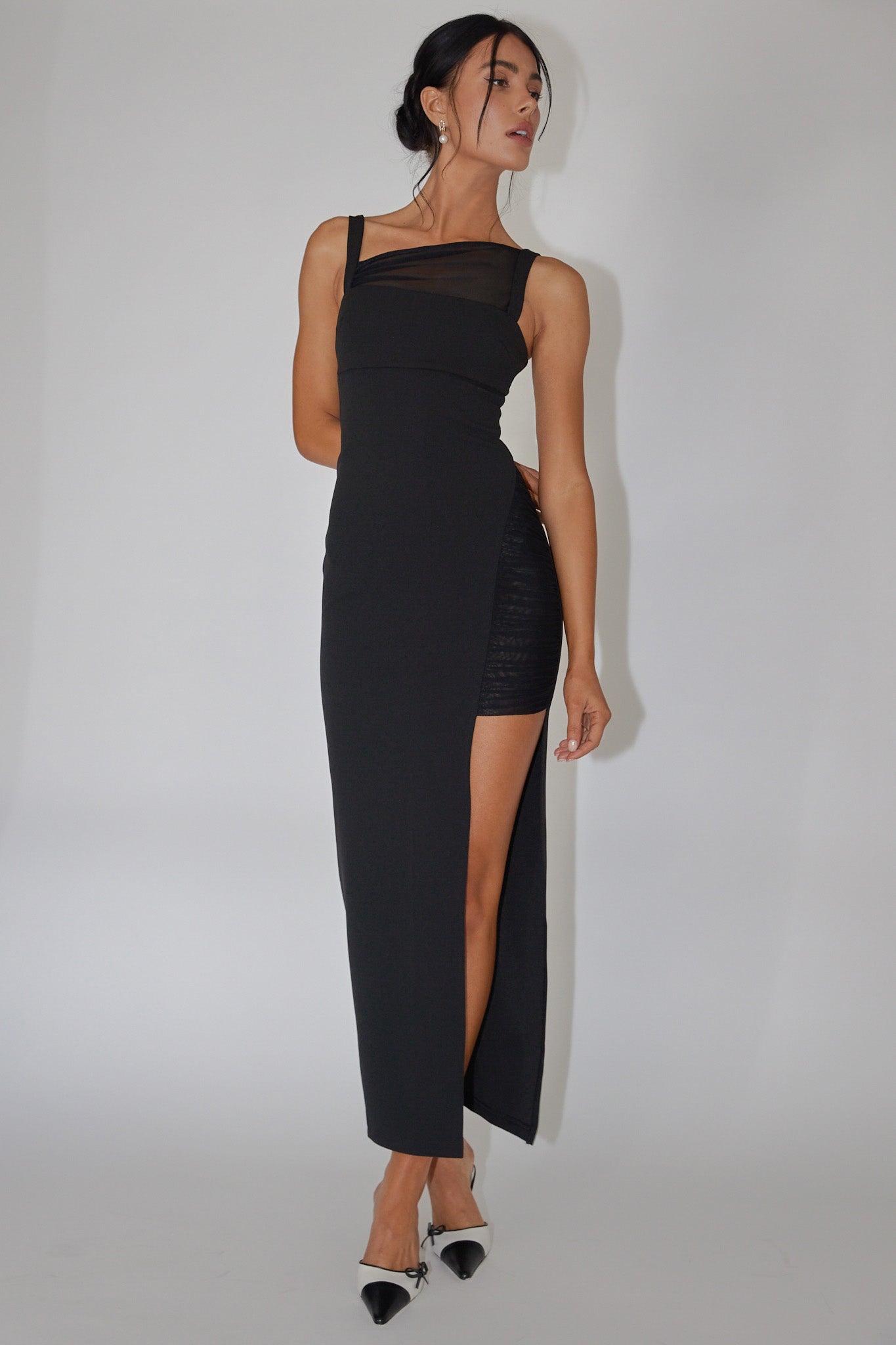 Zenya Split Ruched Midi Dress Black-Fable Dress