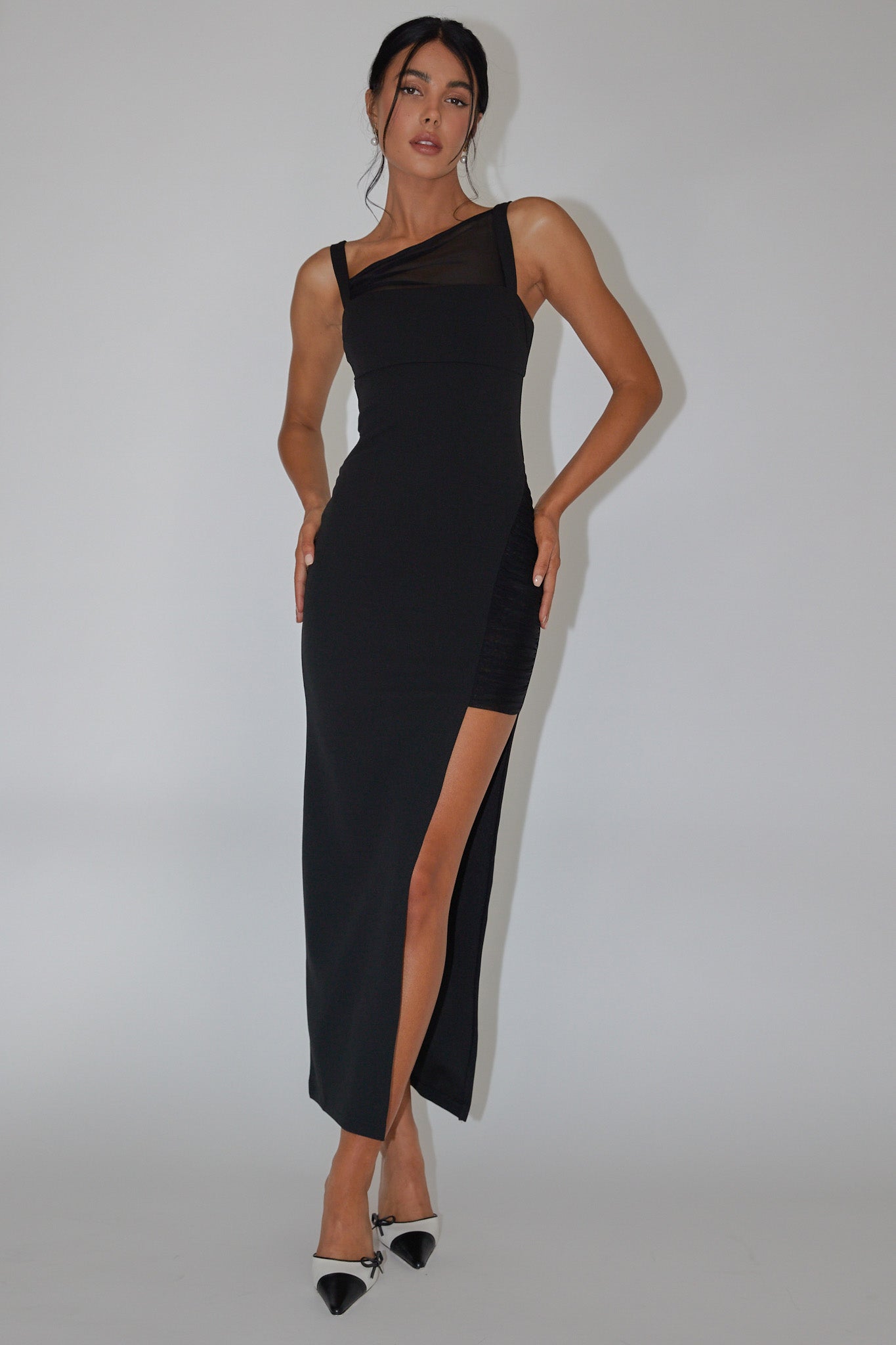 Zenya Split Ruched Midi Dress Black-Fable Dress