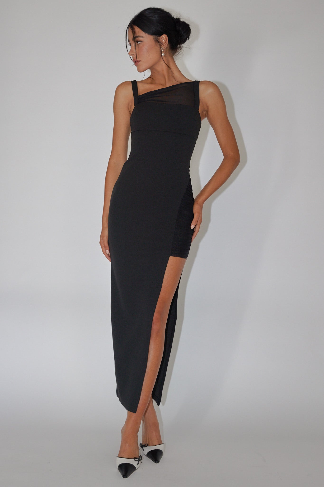 Zenya Split Ruched Midi Dress Black-Fable Dress