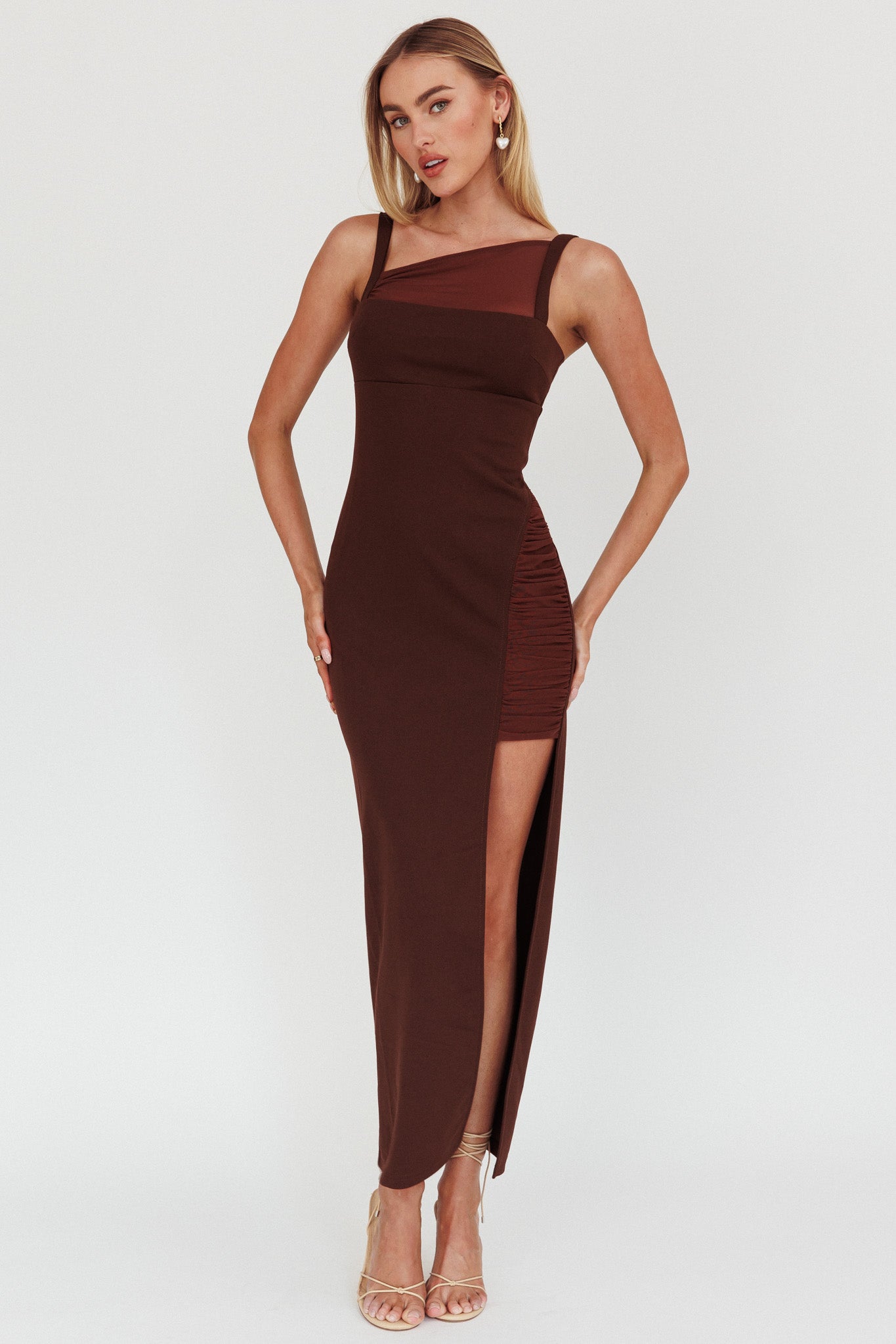 Zenya Split Ruched Maxi Dress Chocolate-Fable Dress