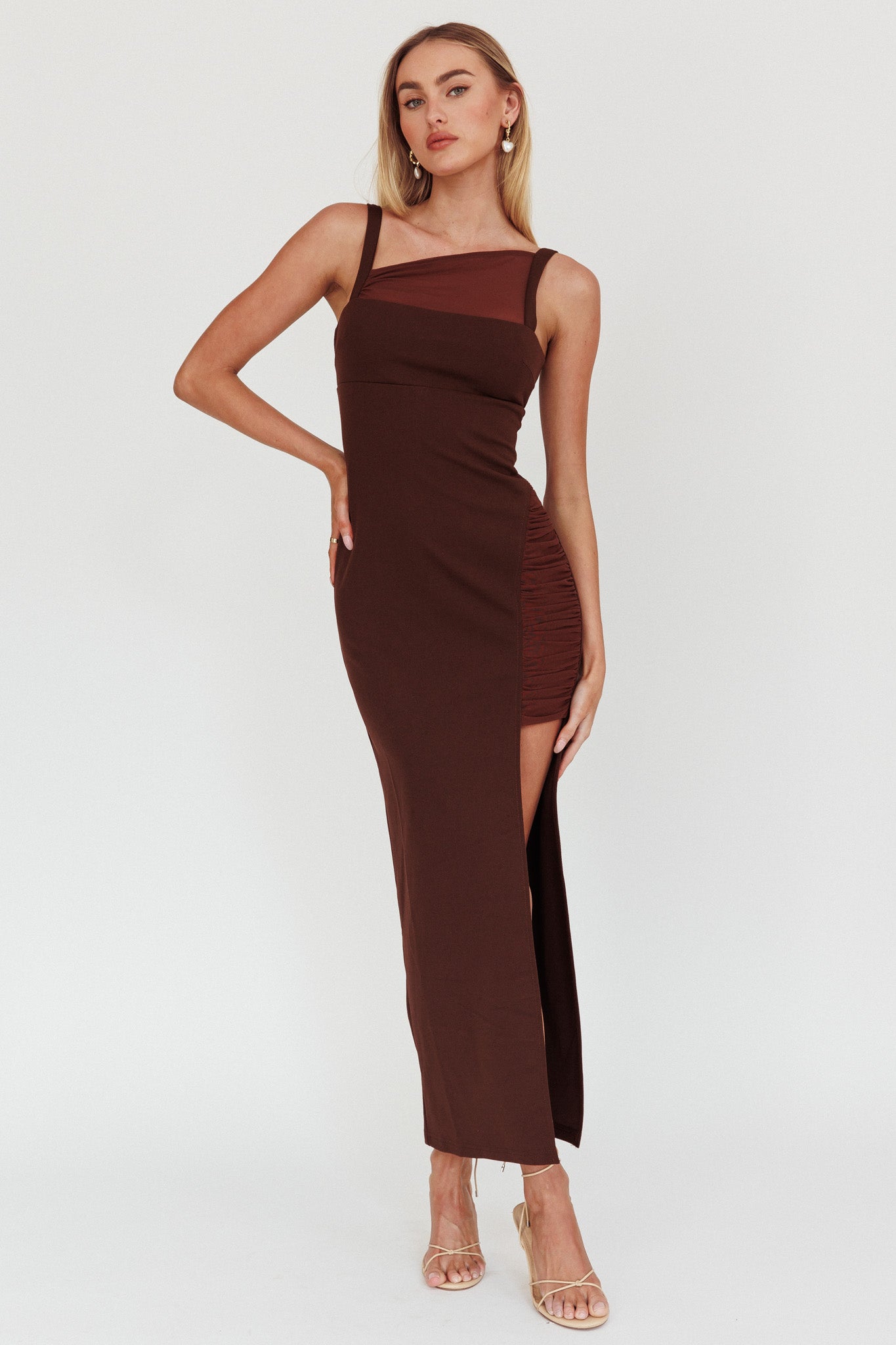 Zenya Split Ruched Maxi Dress Chocolate-Fable Dress