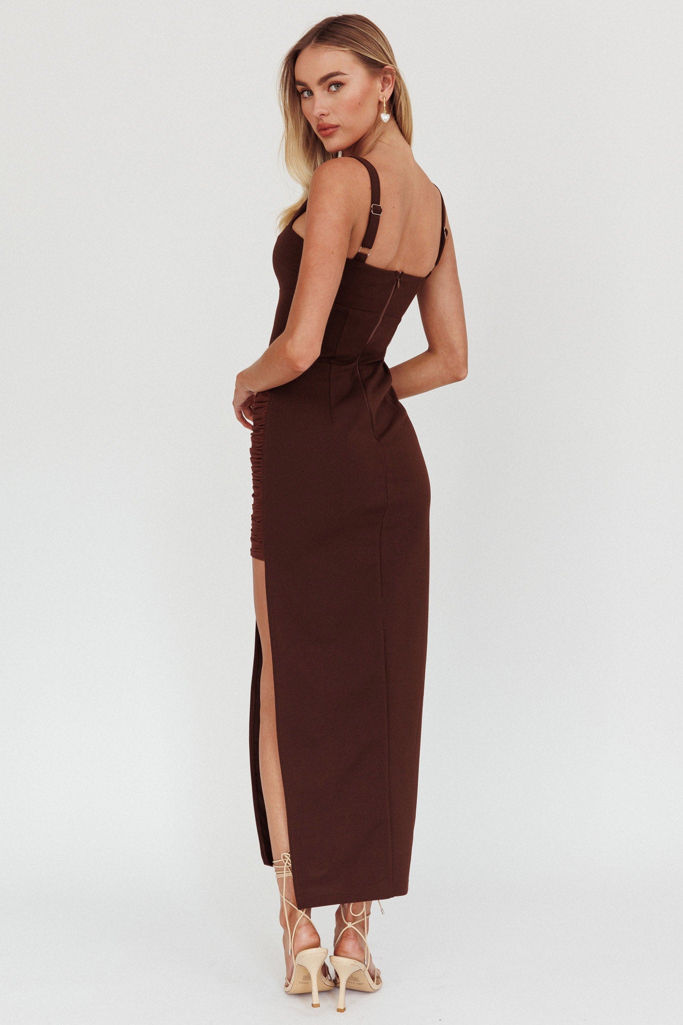 Zenya Split Ruched Maxi Dress Chocolate-Fable Dress