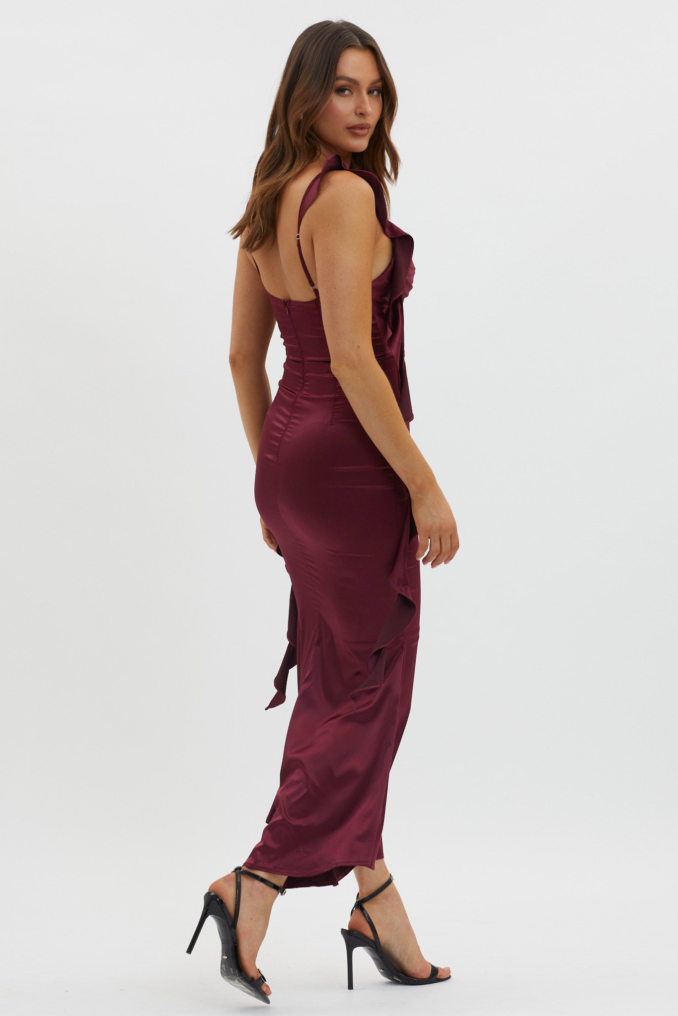 Blushing Ruffle Trim Midi Dress Wine-Fable Dress