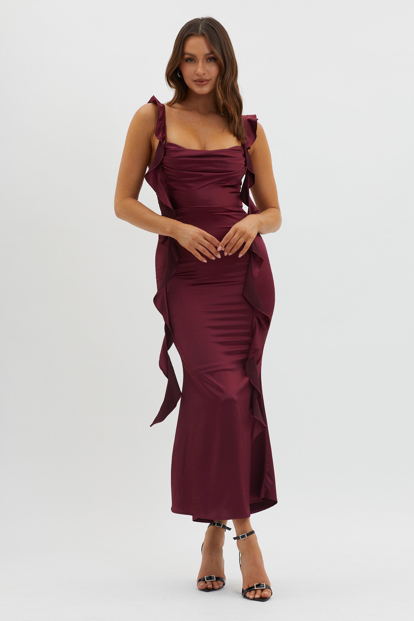 Blushing Ruffle Trim Midi Dress Wine-Fable Dress