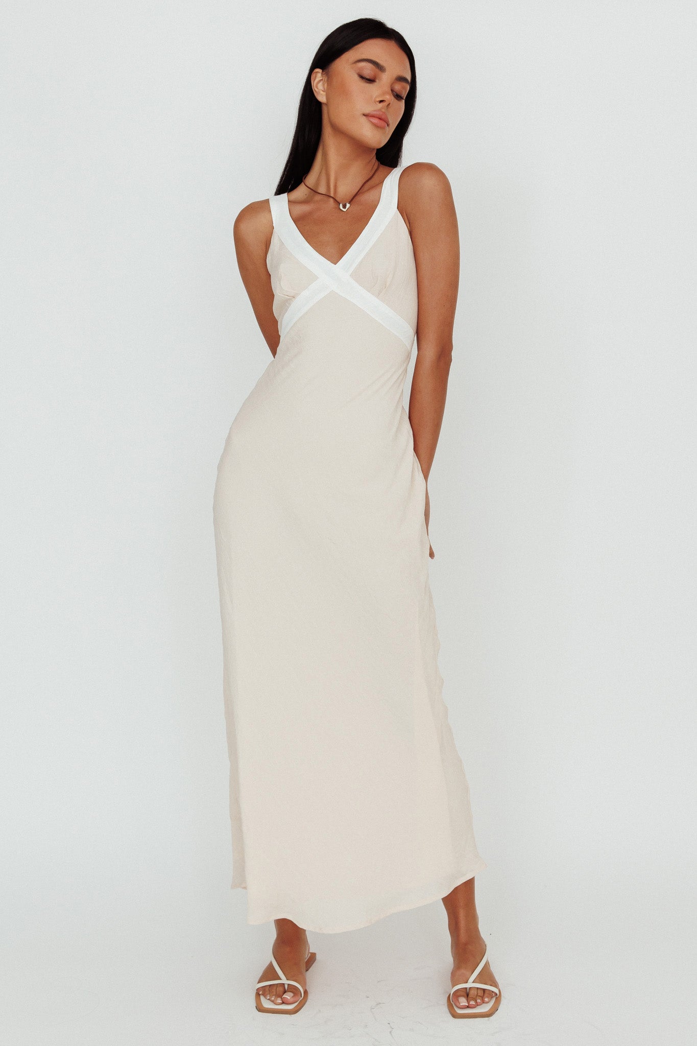Zariah V-Neck Maxi Dress Beige-Fable Dress