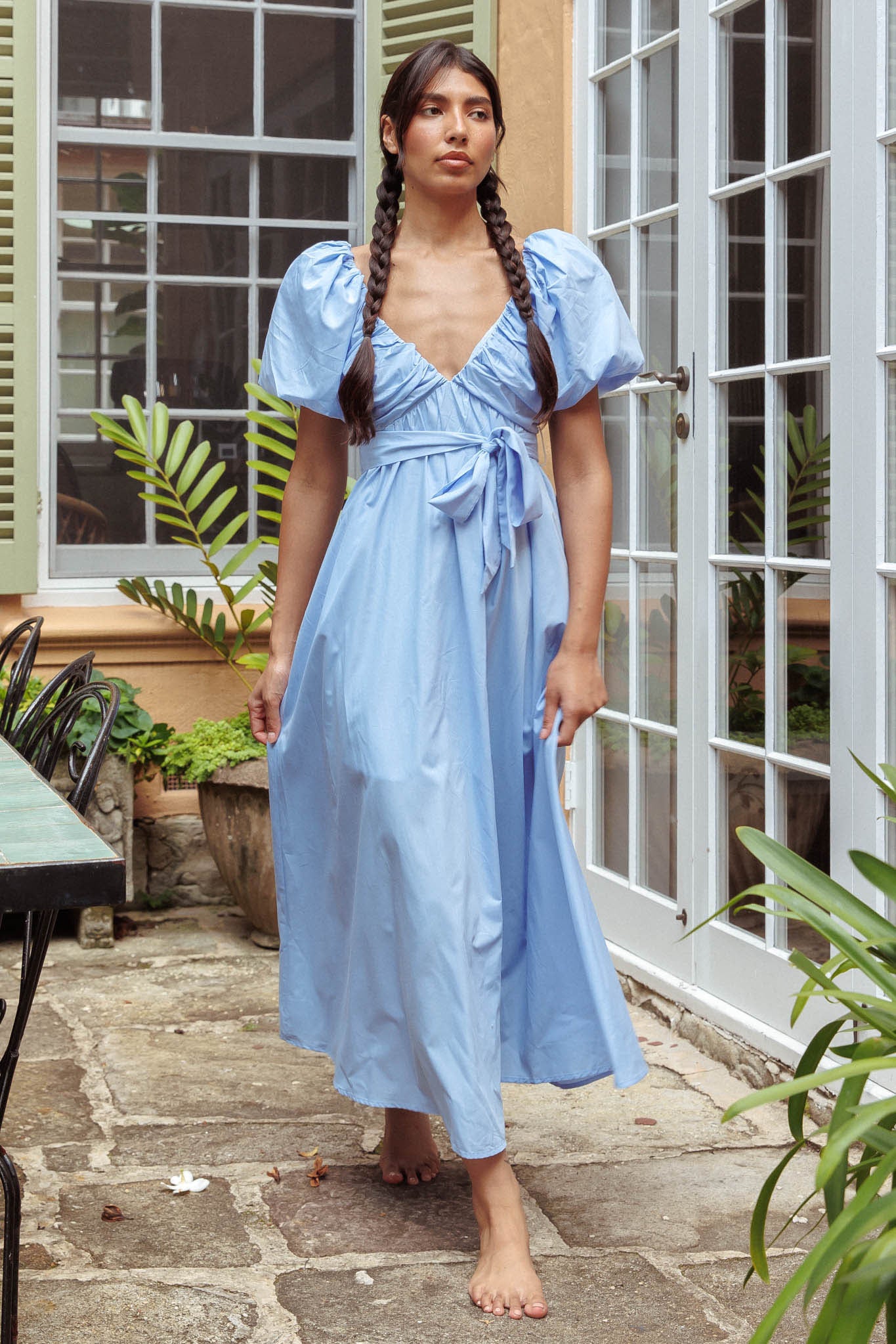 Mayflower Puff Sleeve Waist Tie Midi Dress Blue-Fable Dress
