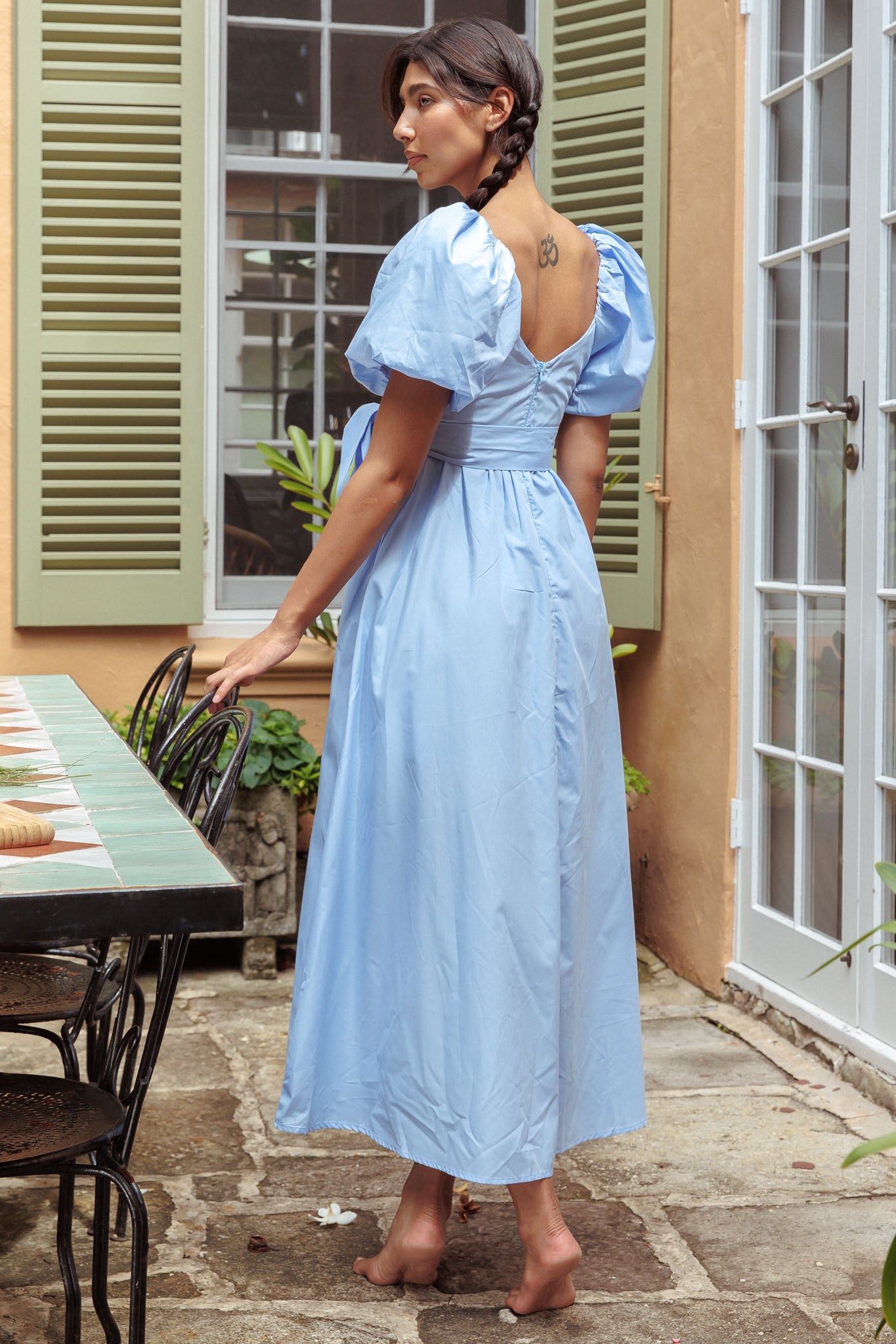 Mayflower Puff Sleeve Waist Tie Midi Dress Blue-Fable Dress