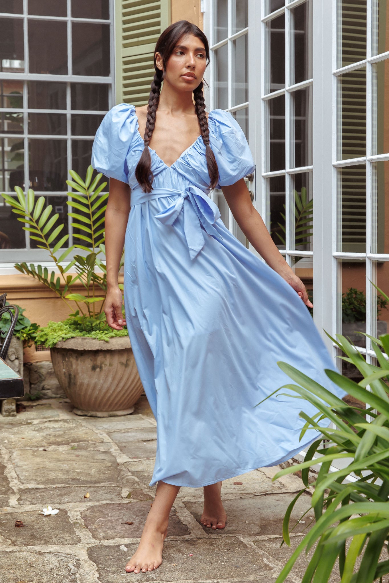 Mayflower Puff Sleeve Waist Tie Midi Dress Blue-Fable Dress