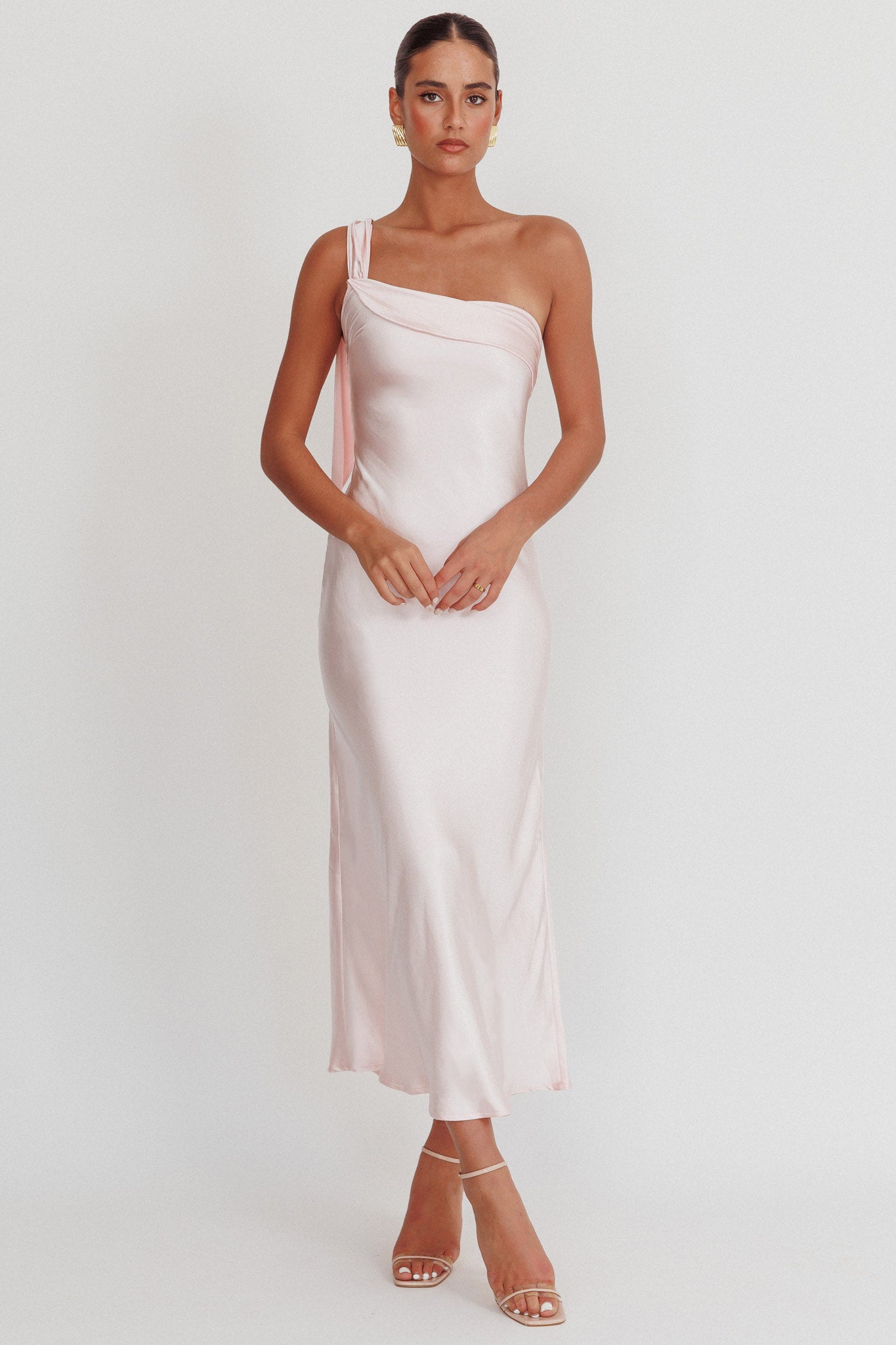 Carmel One-Shoulder Sash Maxi Dress Blush-Fable Dress