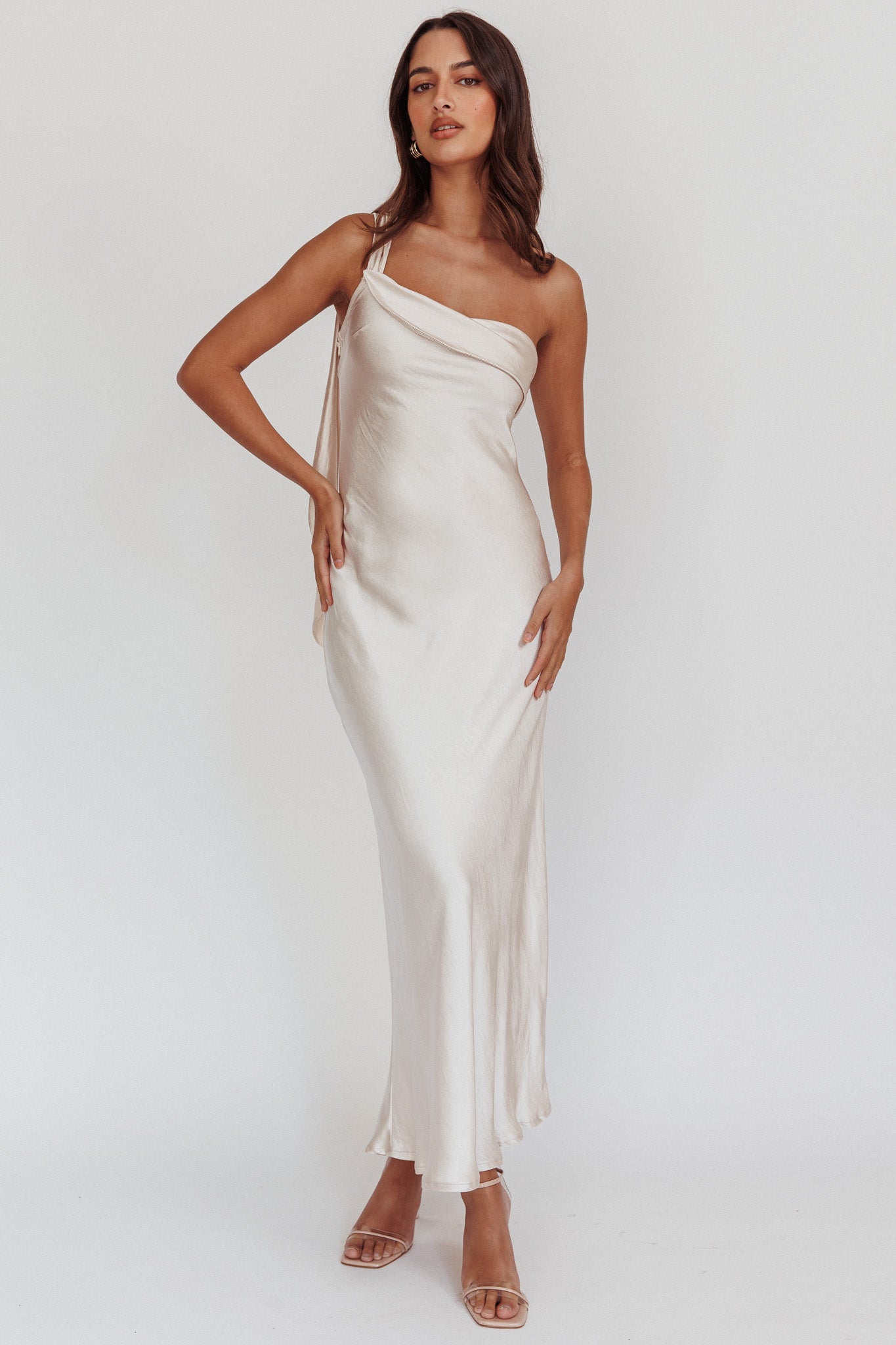Carmel One-Shoulder Sash Maxi Dress Champagne-Fable Dress