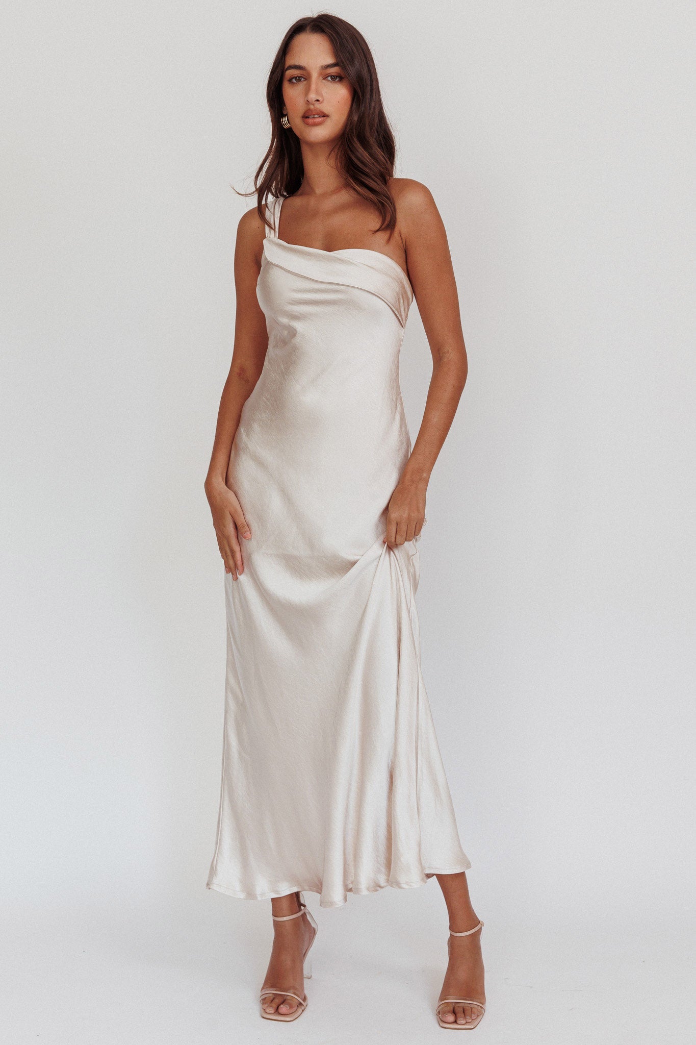 Carmel One-Shoulder Sash Maxi Dress Champagne-Fable Dress