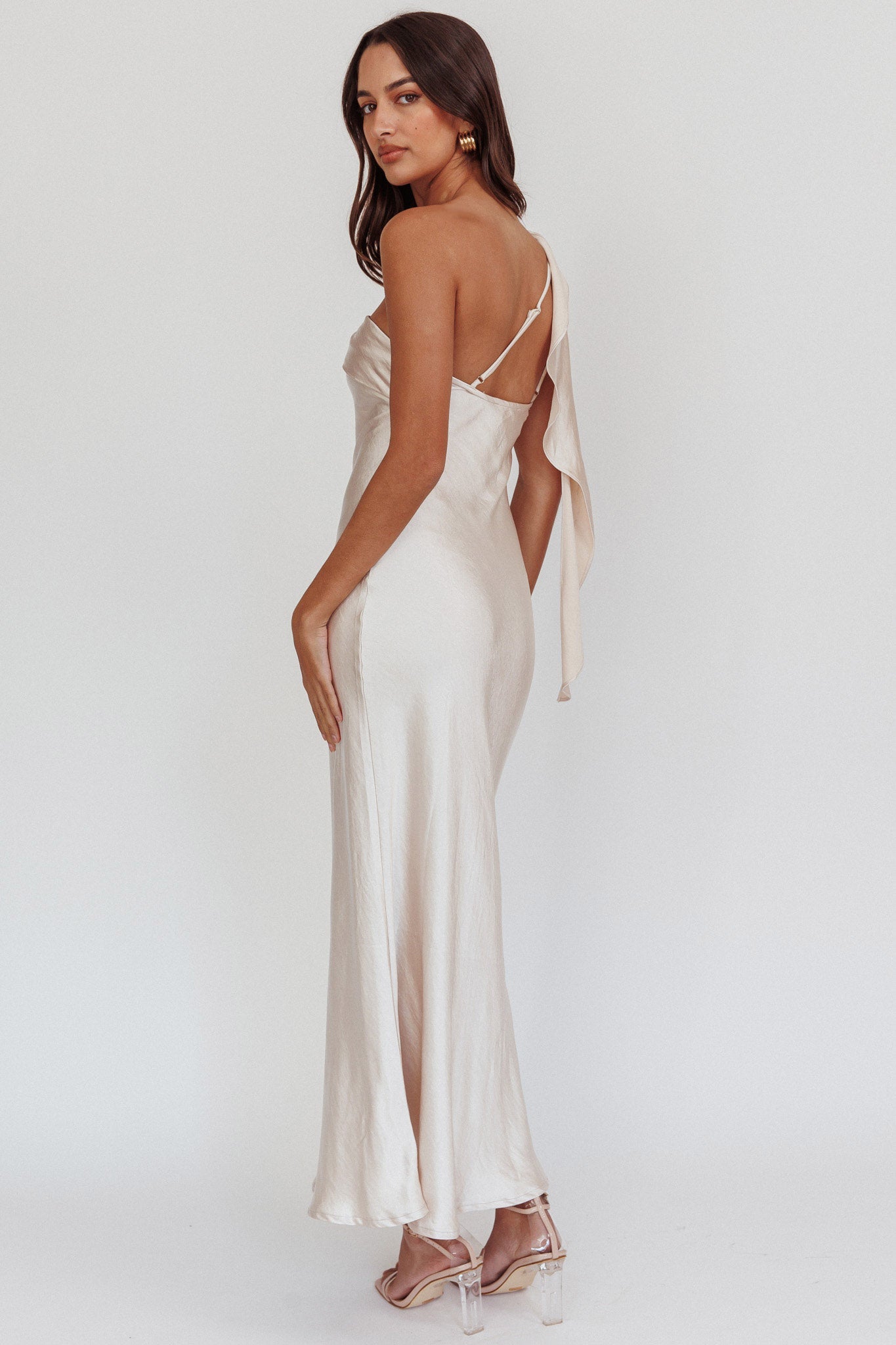 Carmel One-Shoulder Sash Maxi Dress Champagne-Fable Dress