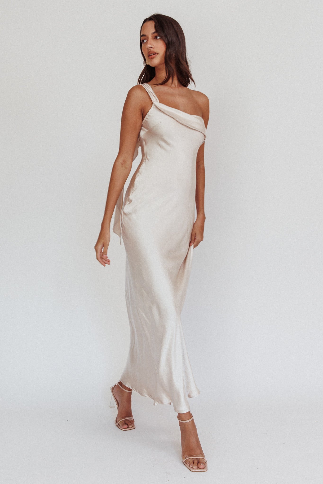 Carmel One-Shoulder Sash Maxi Dress Champagne-Fable Dress
