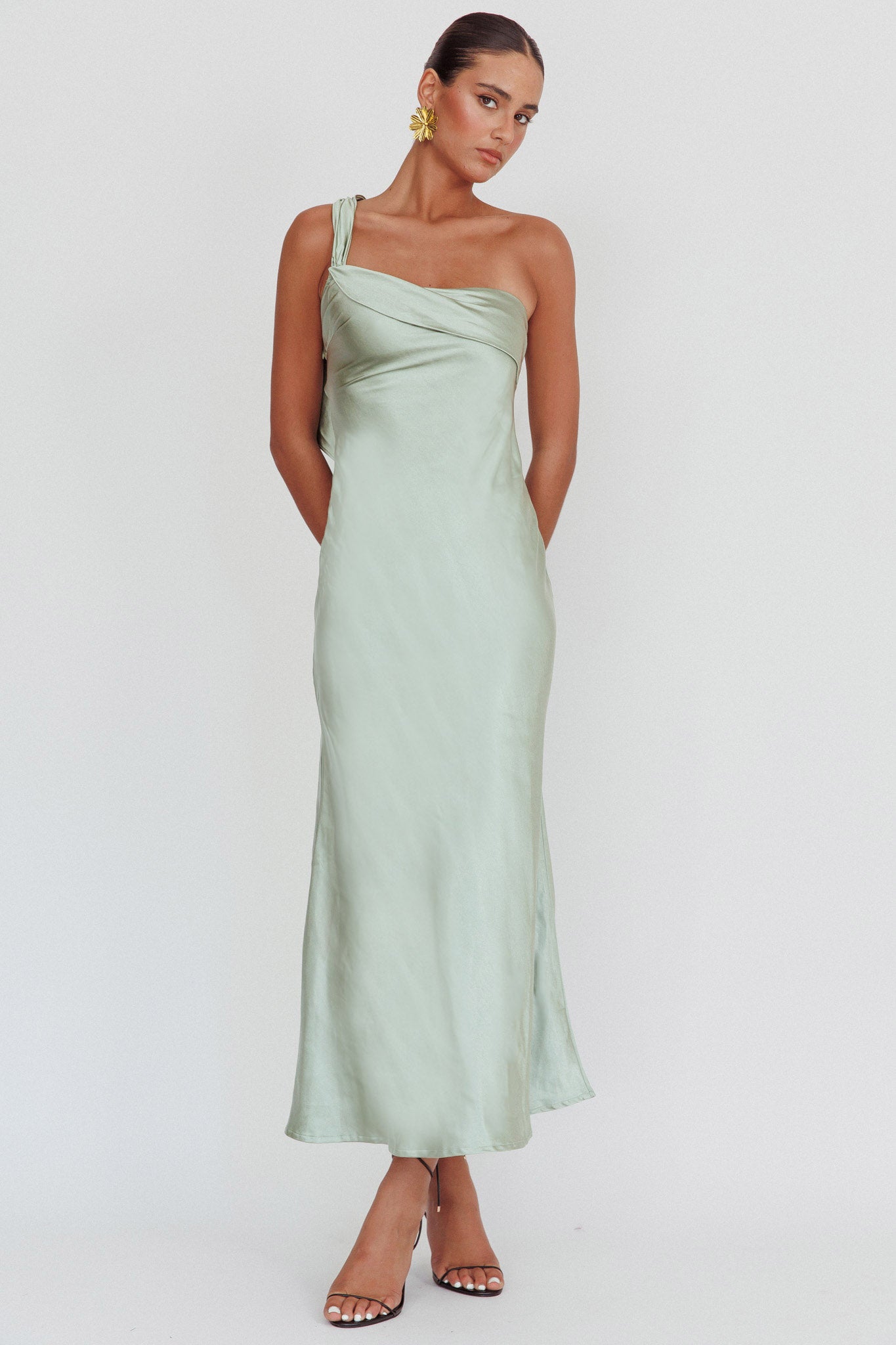 Carmel One-Shoulder Sash Maxi Dress Sage-Fable Dress