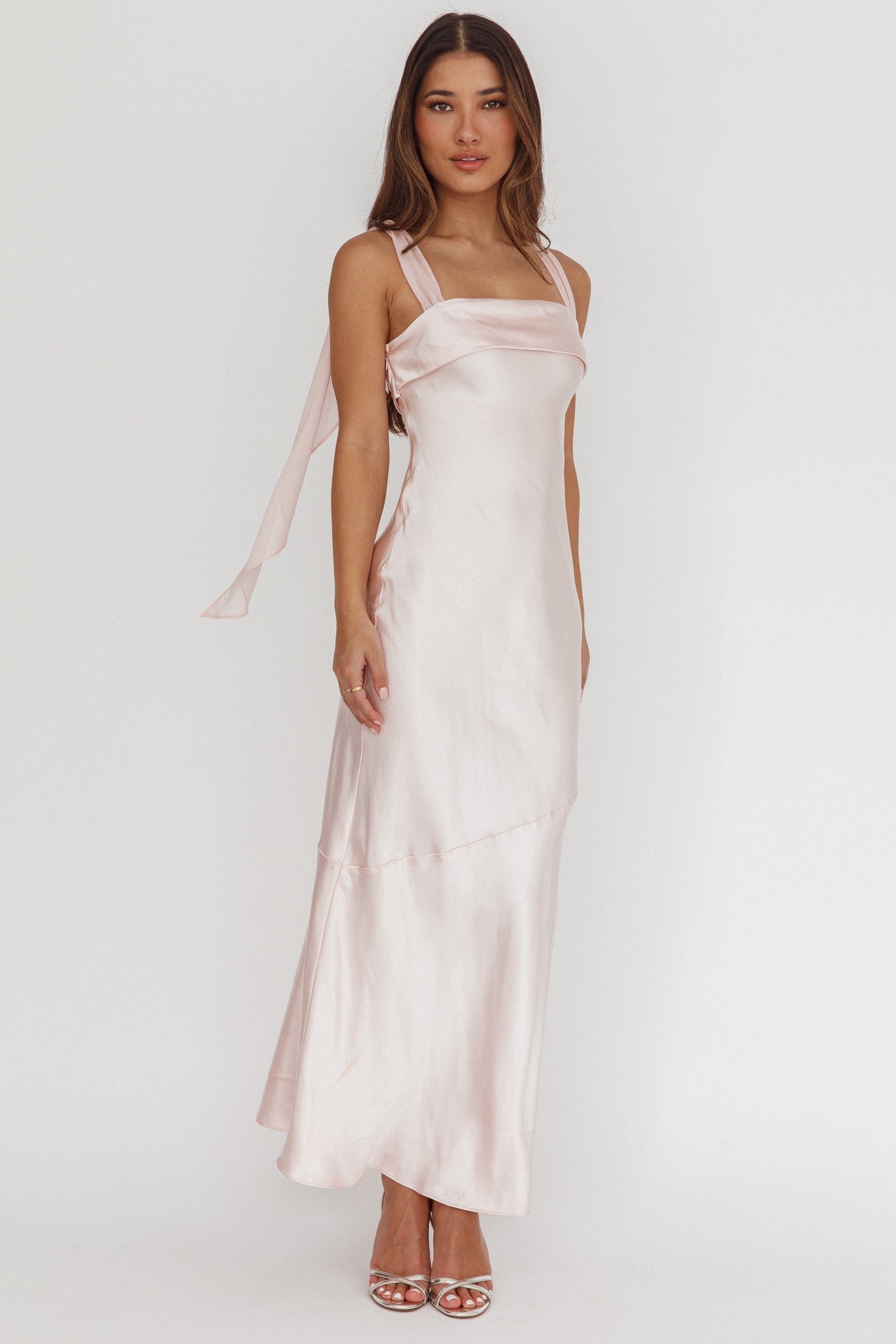 Carmel Shoulder Sash Midi Dress Blush-Fable Dress