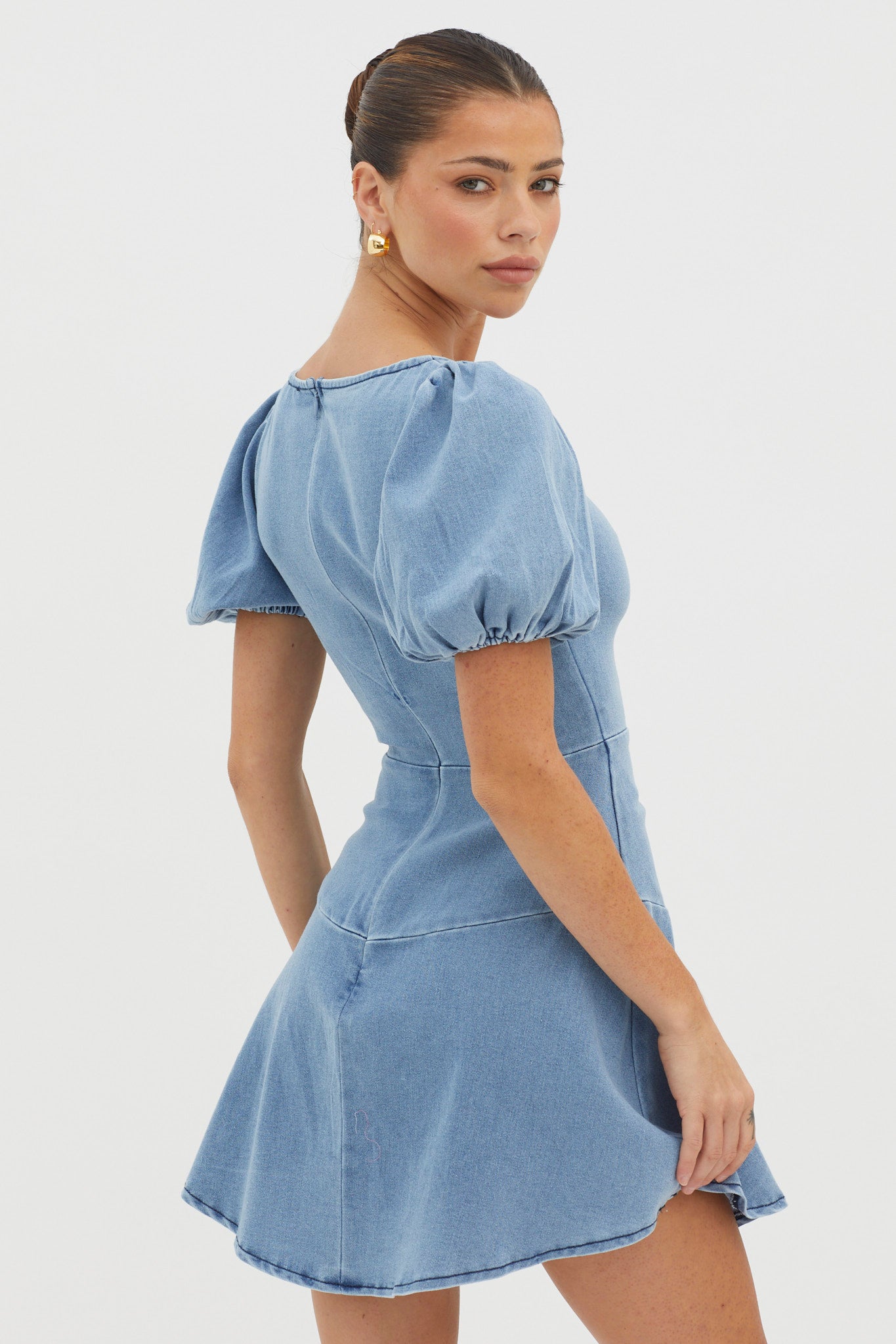 New Heights Puff Sleeve Mini Dress Denim Blue-Fable Dress