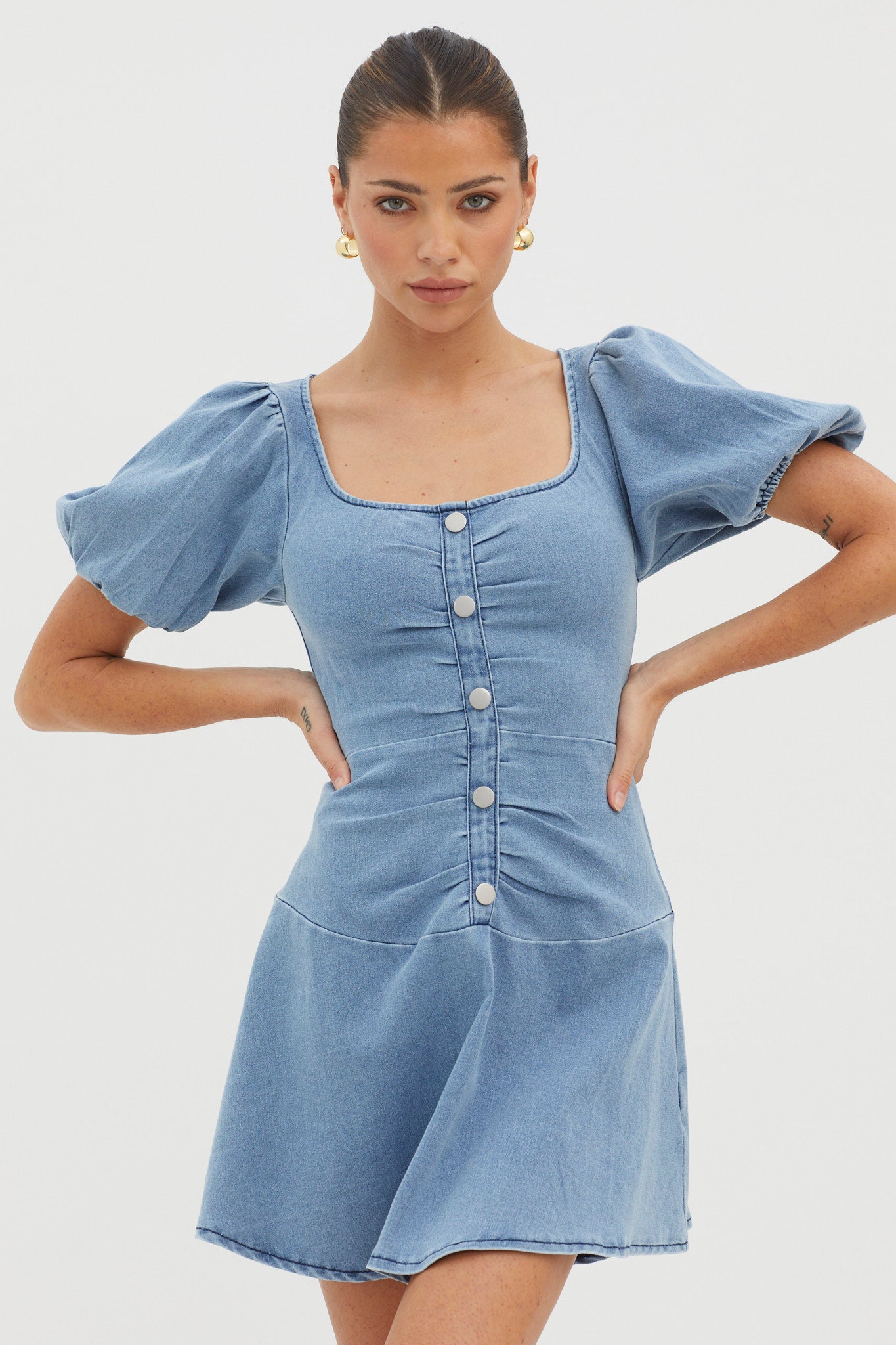 New Heights Puff Sleeve Mini Dress Denim Blue-Fable Dress