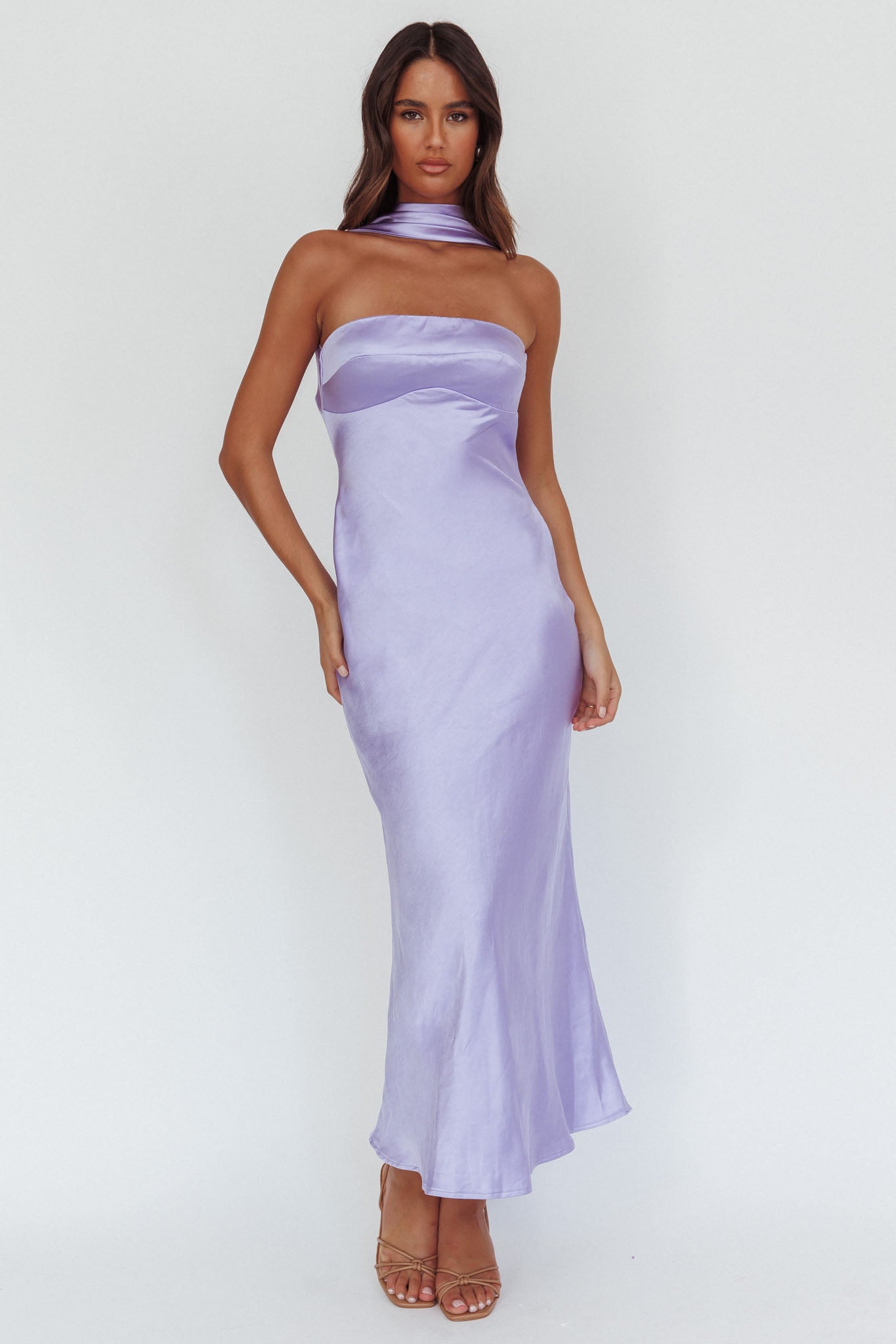 Damsel Reverse Halter Maxi Dress Satin Lilac-Fable Dress