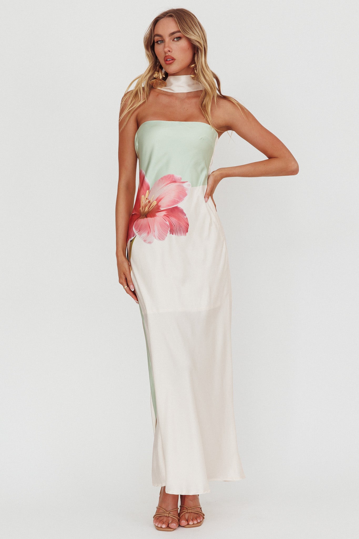 Damsel Reverse Halter Maxi Dress Flower Green-Fable Dress
