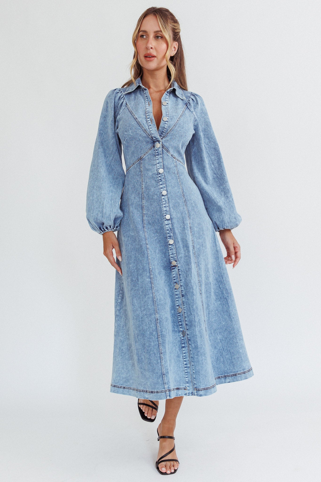 Ania Long Balloon Style Midi Dress Denim Blue-Fable Dress