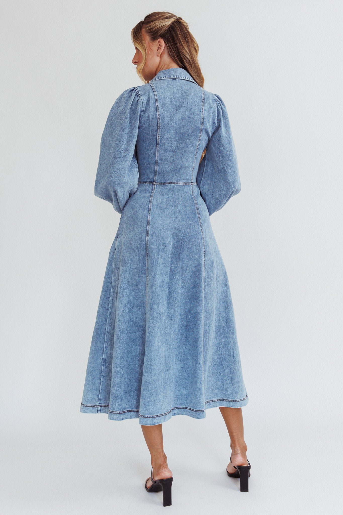Ania Long Balloon Style Midi Dress Denim Blue-Fable Dress