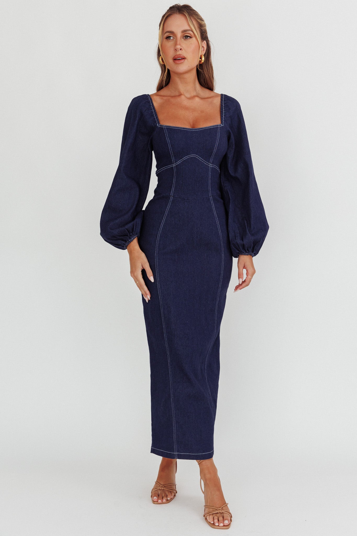 Bay Side Long Sleeve Denim Midi Dress Indigo-Fable Dress