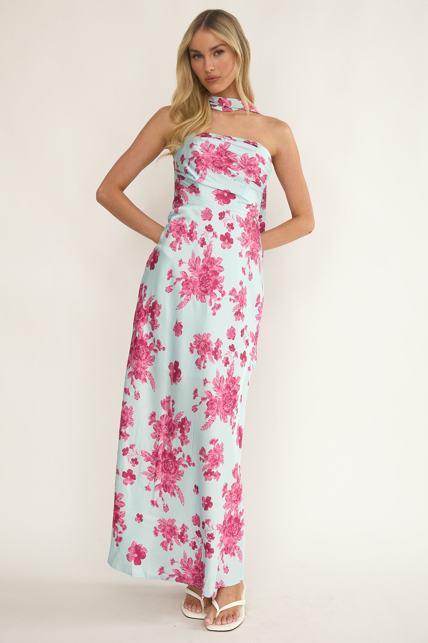 City Of Stars Strapless Scarf Maxi Dress Floral Ice Blue-Fable Dress