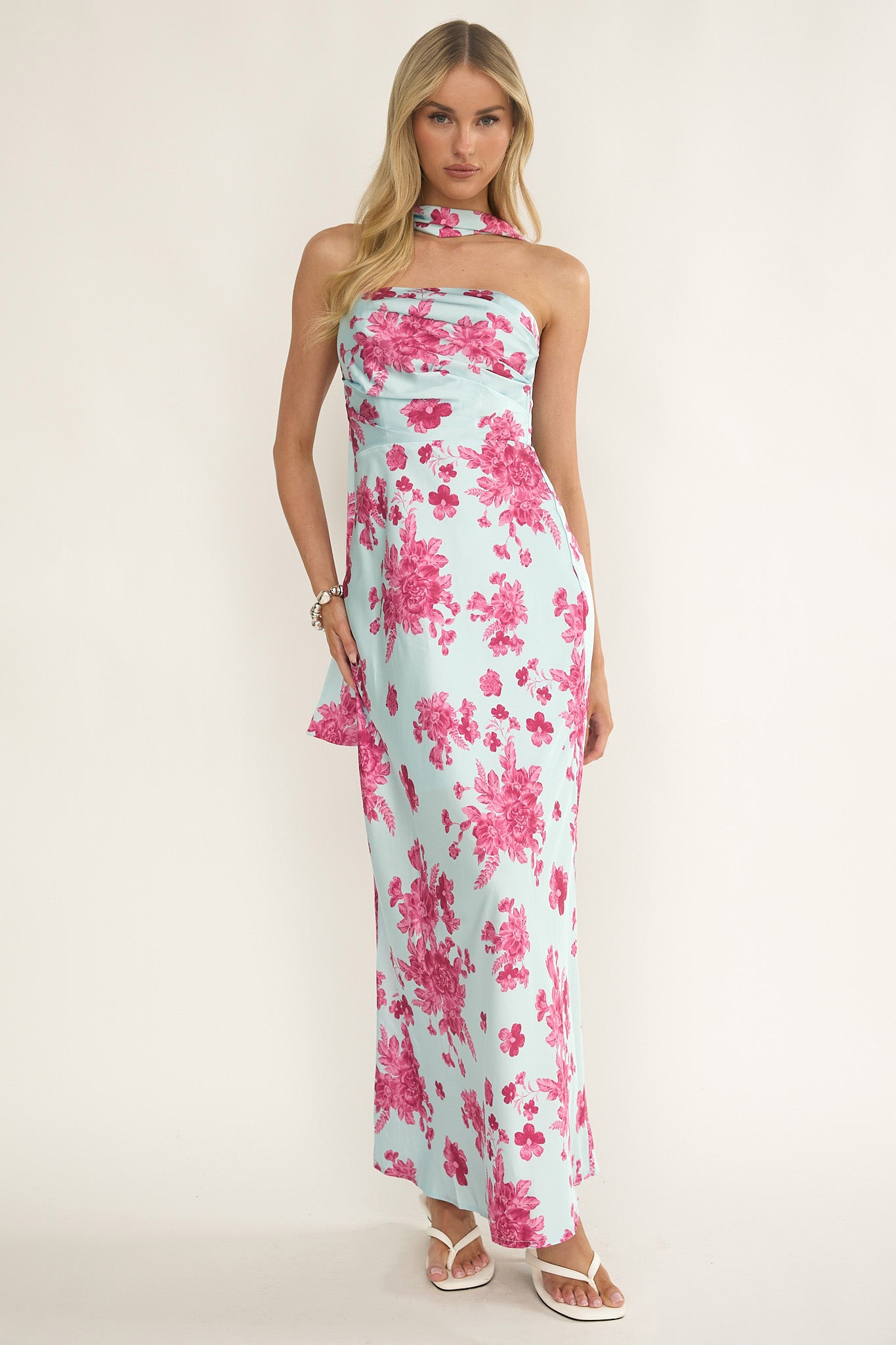 City Of Stars Strapless Scarf Maxi Dress Floral Ice Blue-Fable Dress