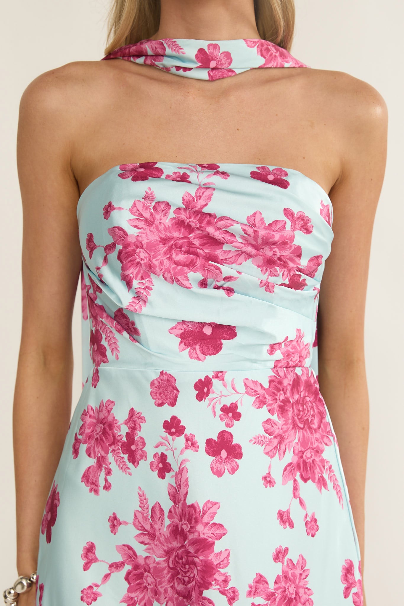 City Of Stars Strapless Scarf Maxi Dress Floral Ice Blue-Fable Dress