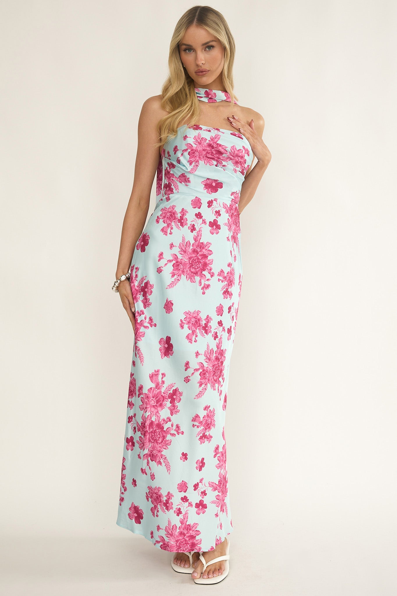 City Of Stars Strapless Scarf Maxi Dress Floral Ice Blue-Fable Dress