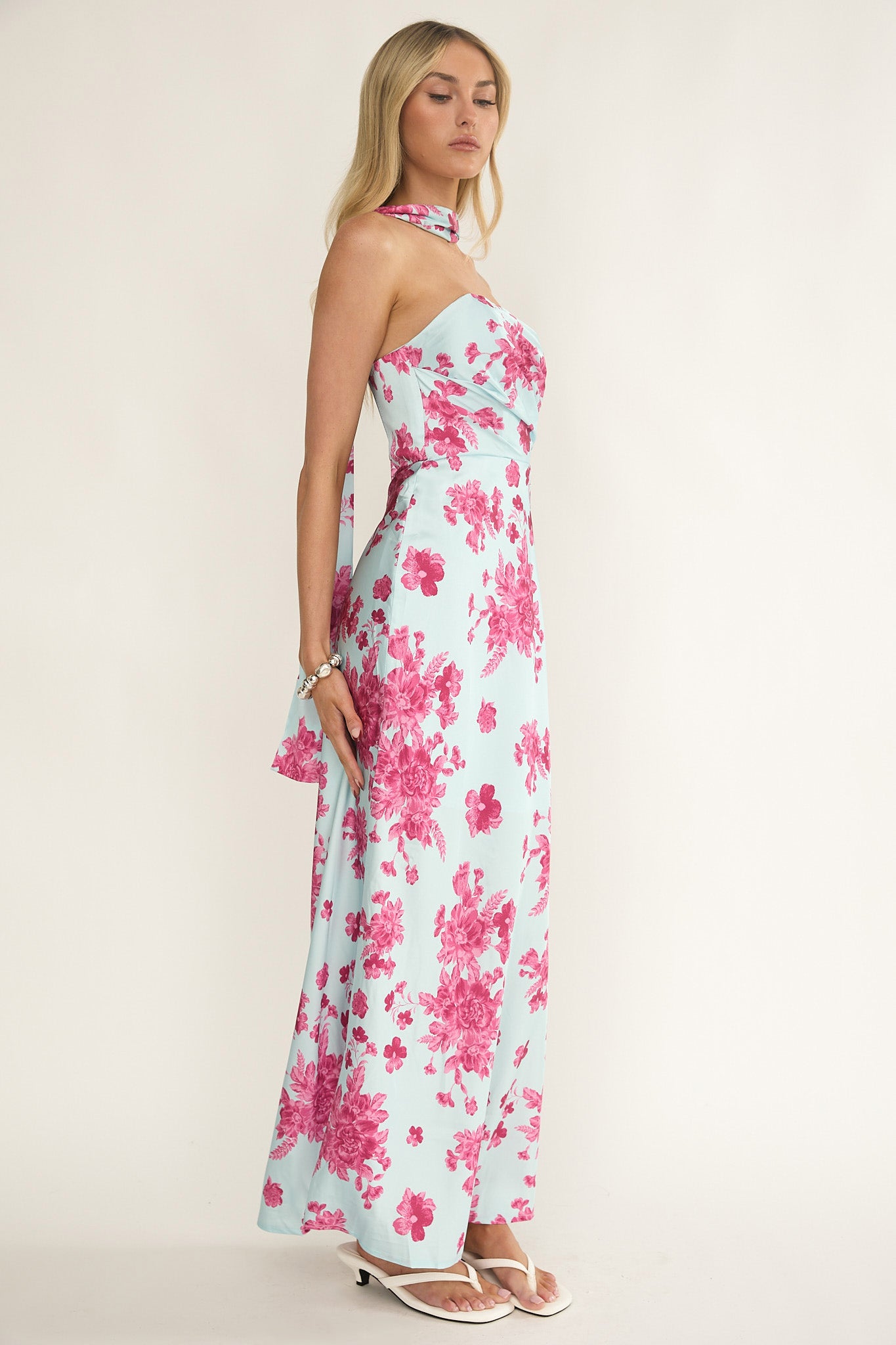 City Of Stars Strapless Scarf Maxi Dress Floral Ice Blue-Fable Dress