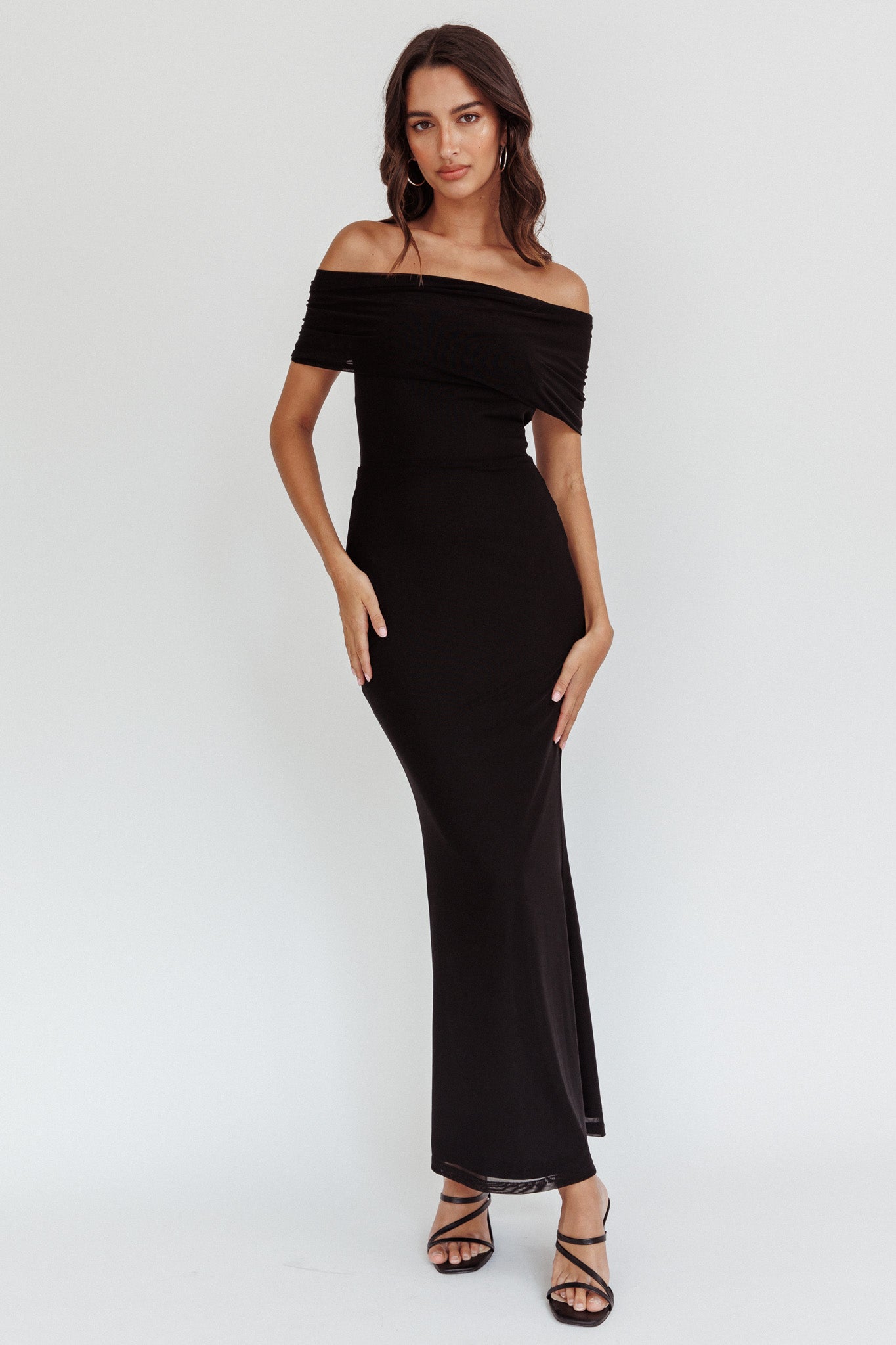 Aqaba Off-Shoulder Mesh Maxi Dress Black-Fable Dress