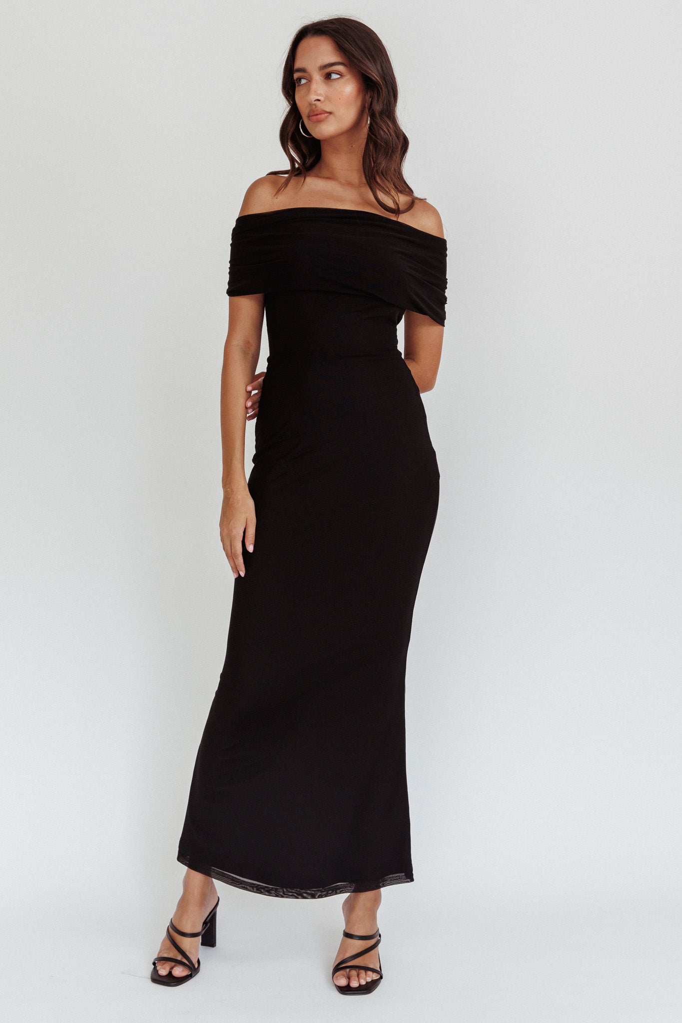 Aqaba Off-Shoulder Mesh Maxi Dress Black-Fable Dress