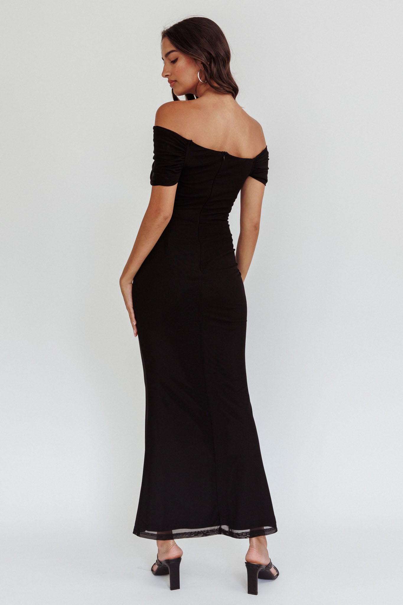 Aqaba Off-Shoulder Mesh Maxi Dress Black-Fable Dress