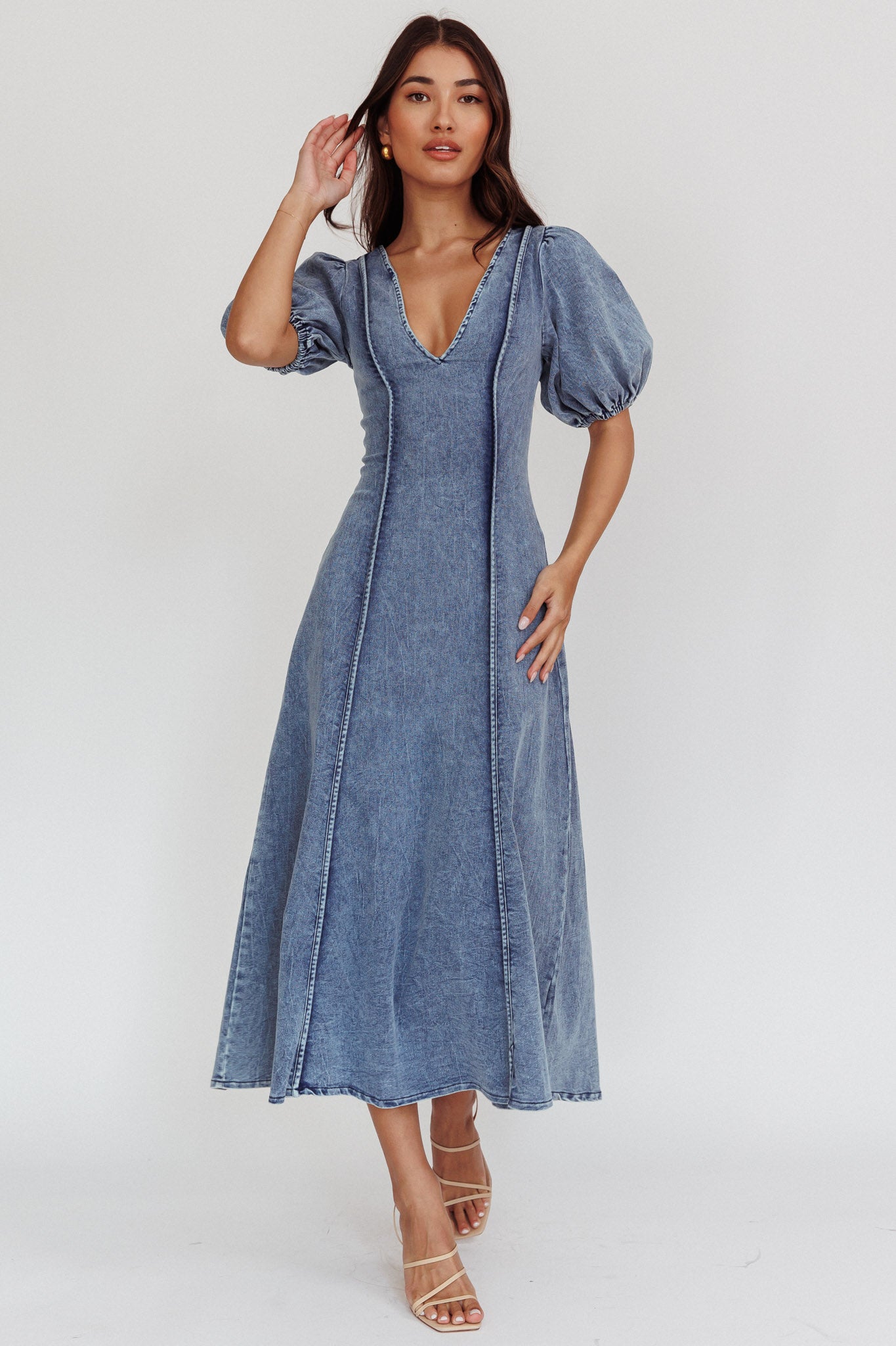 Morgane Puff Sleeve V-Neck Midi Dress Light Denim Blue-Fable Dress