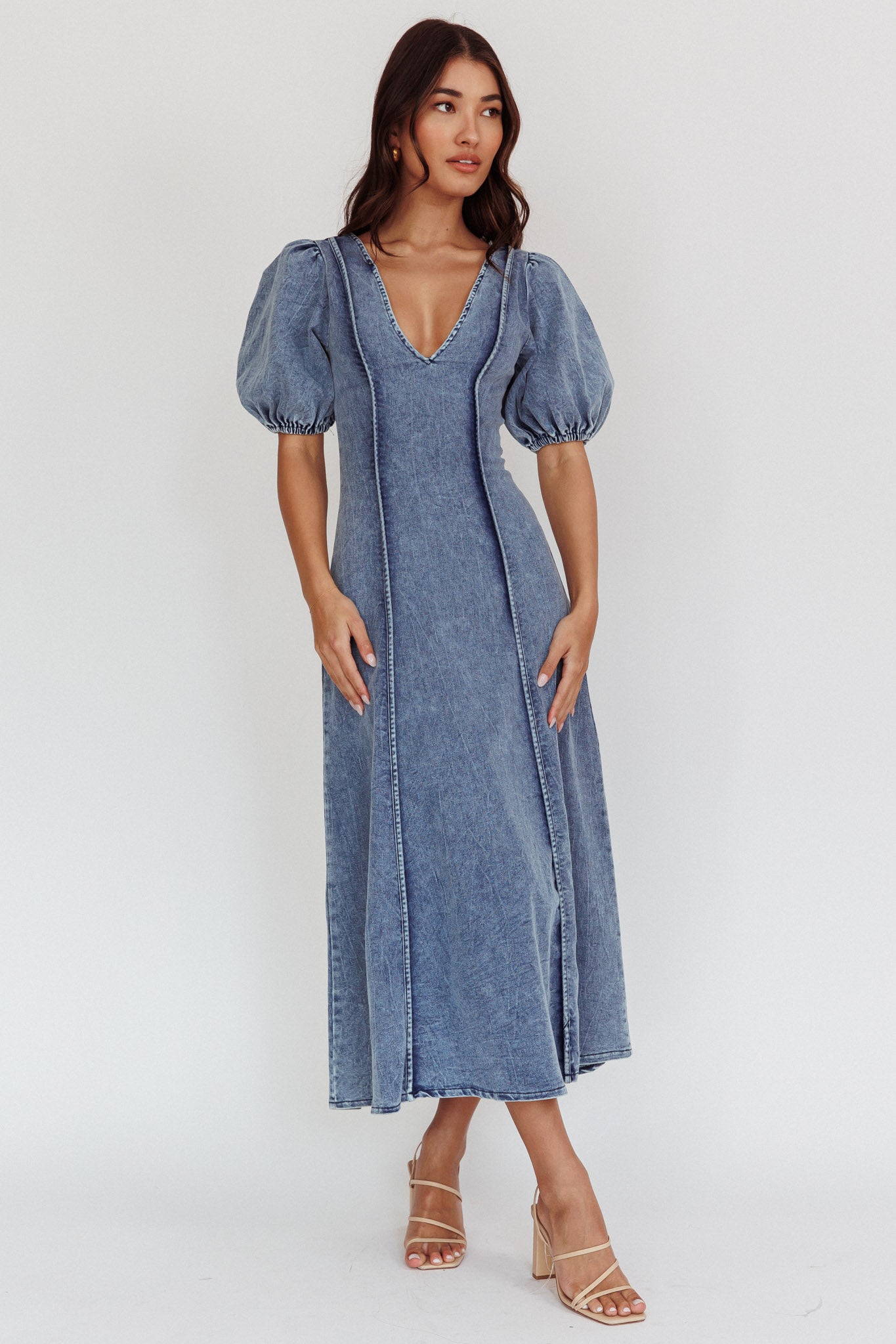 Morgane Puff Sleeve V-Neck Midi Dress Light Denim Blue-Fable Dress