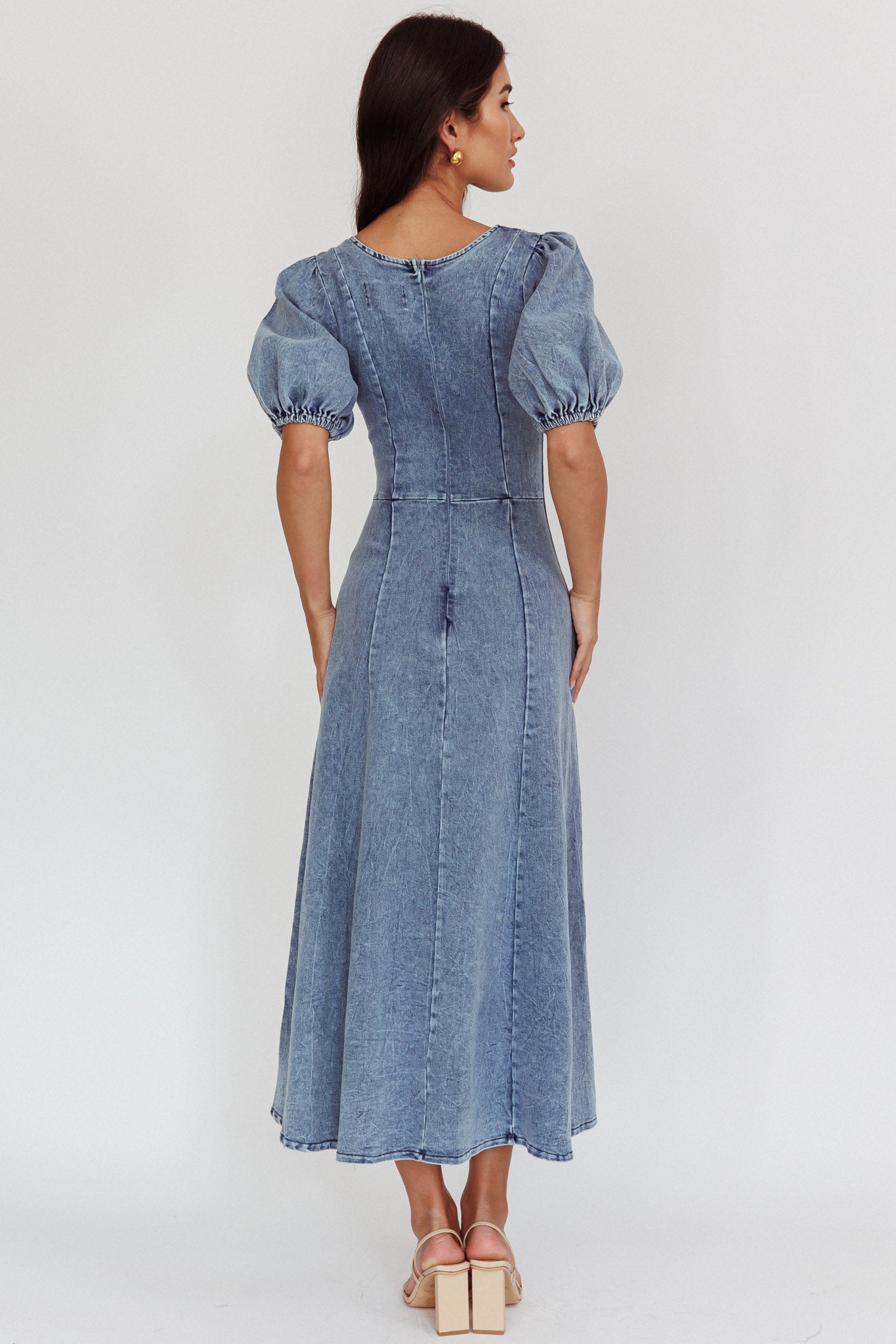 Morgane Puff Sleeve V-Neck Midi Dress Light Denim Blue-Fable Dress