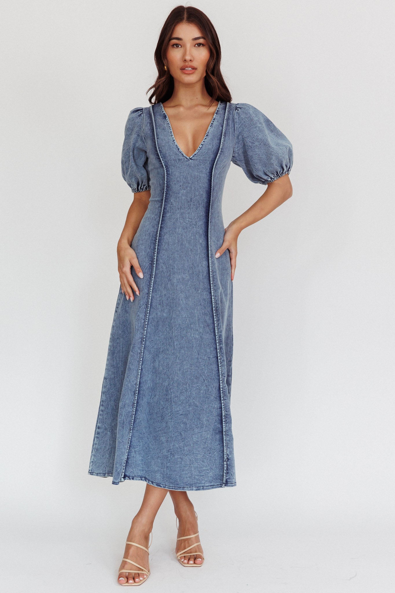 Morgane Puff Sleeve V-Neck Midi Dress Light Denim Blue-Fable Dress